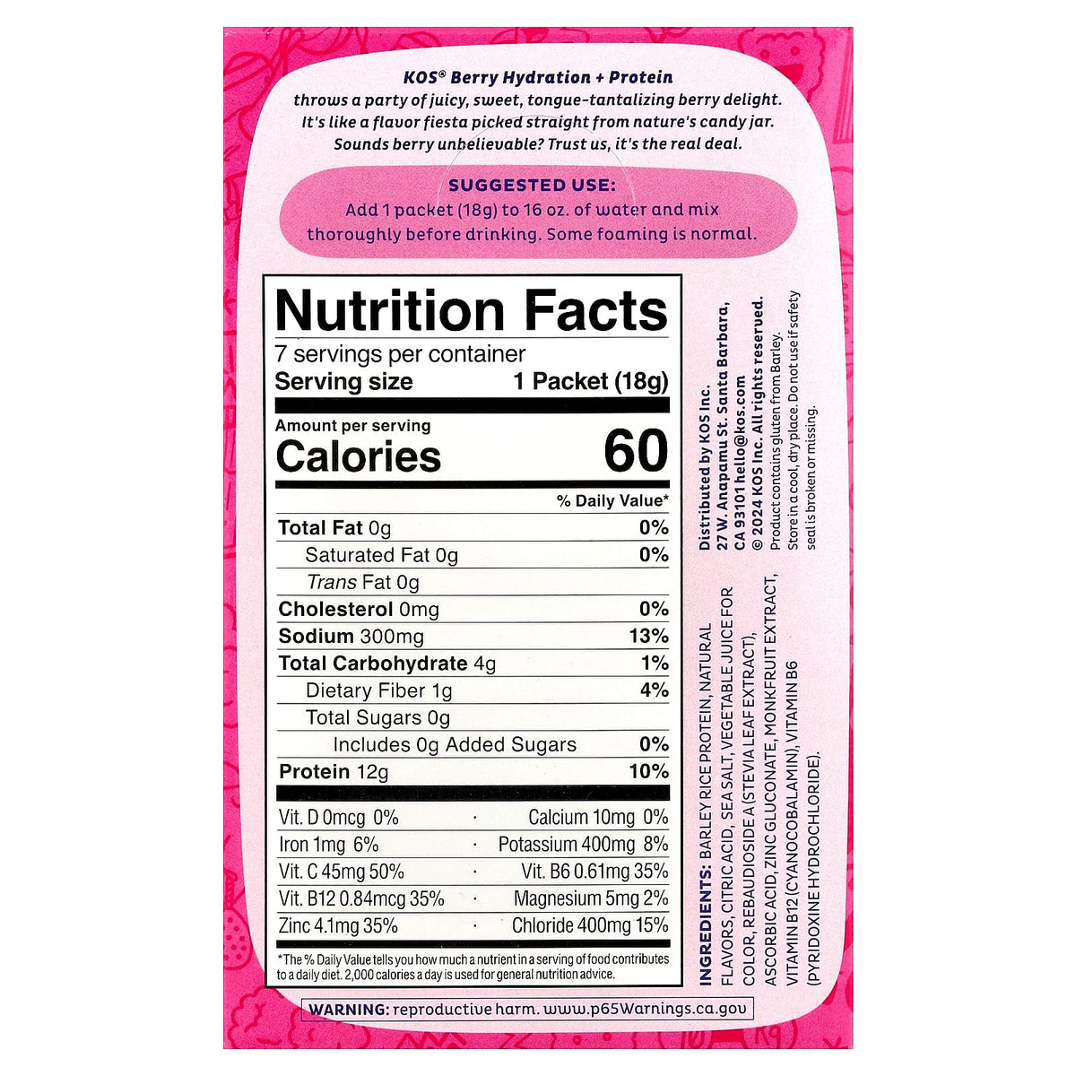 Kos Berry Hydration Protein 7ct, 0.65 OZ KOS
