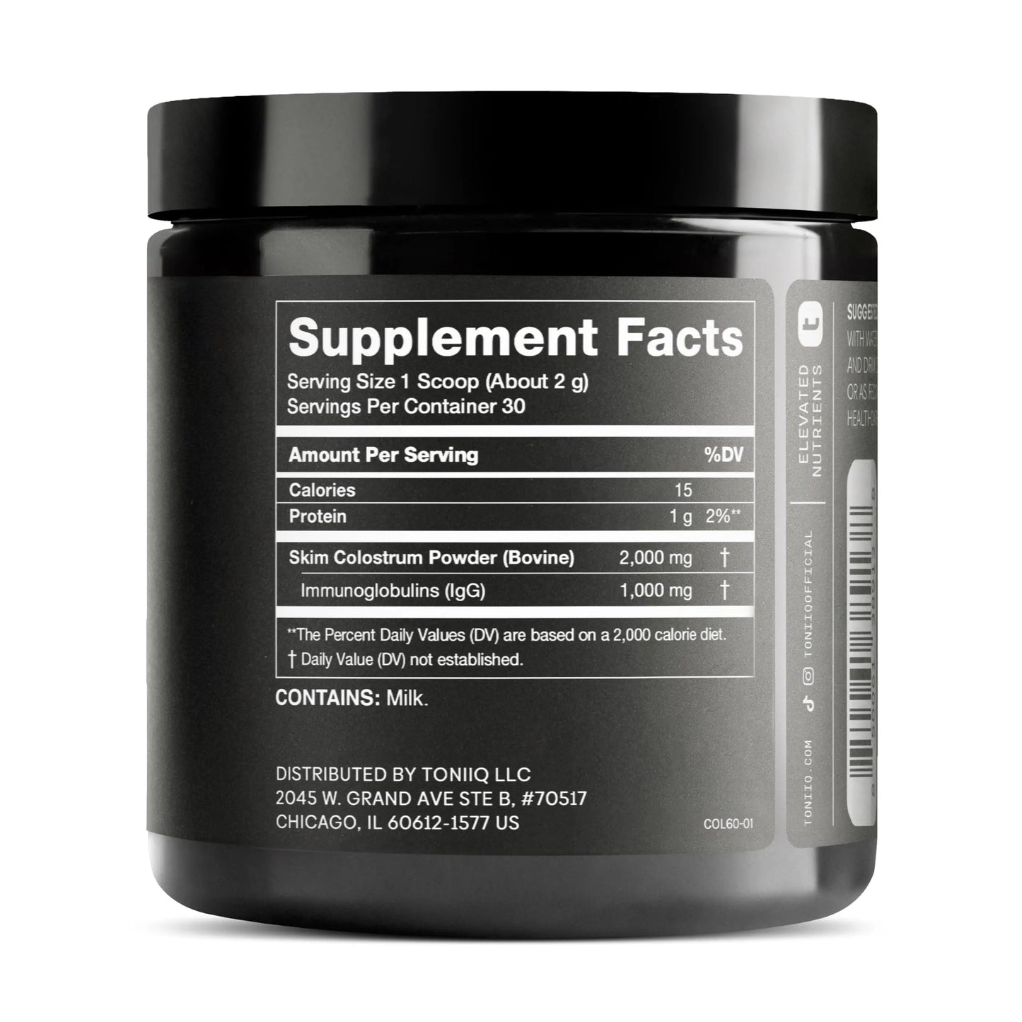 Ultra High Strength Bovine Colostrum Powder - 50% IgG - 2,000mg per Serving - Third Party Tested for Potency - Supports Immune, Gut, and Skin Health - 30 Servings -Premium Bovine Colostrum Supplement Toniiq