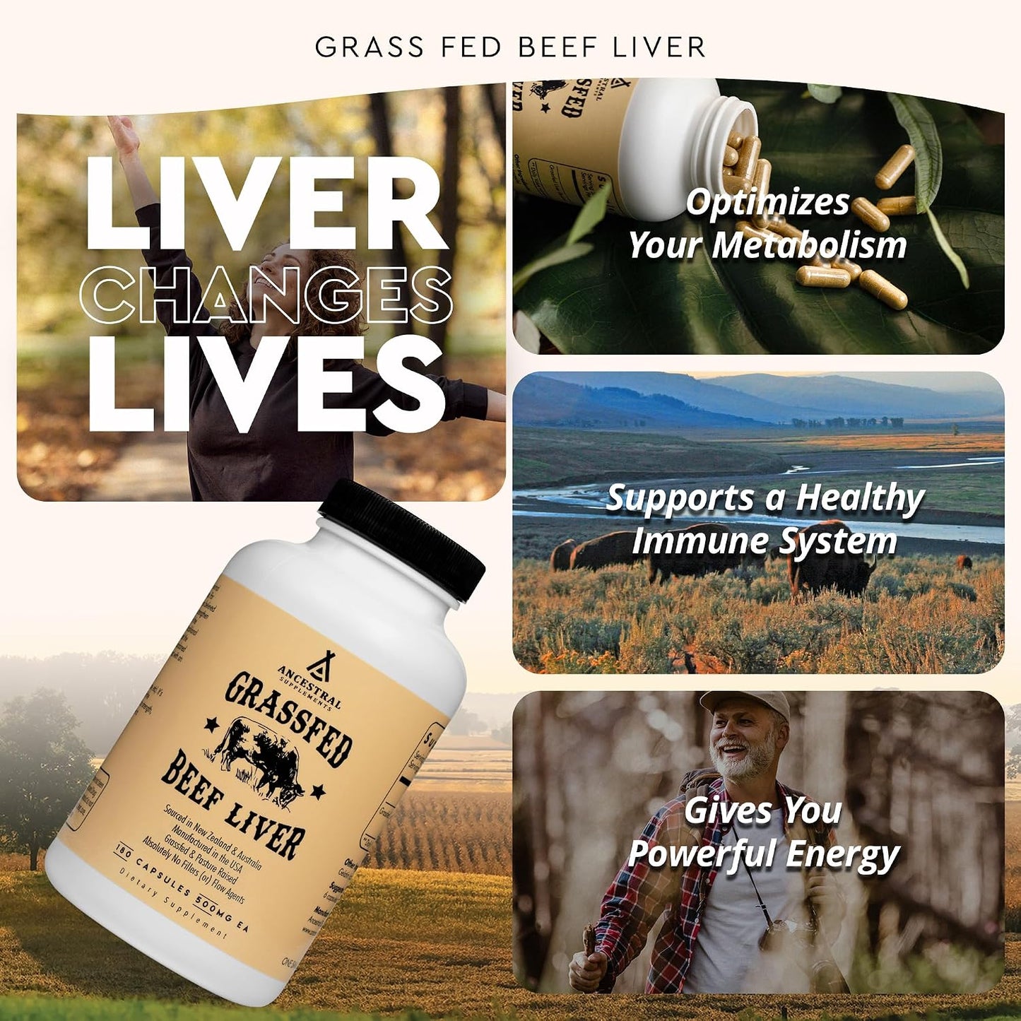 Ancestral Supplements Grass Fed Beef Liver 180 Capsules, Supports Energy Production, Detoxification, Digestion, Immunity and Full Body Wellness, Non-GMO, Freeze Dried Liver Health Supplement Gsupps Australia