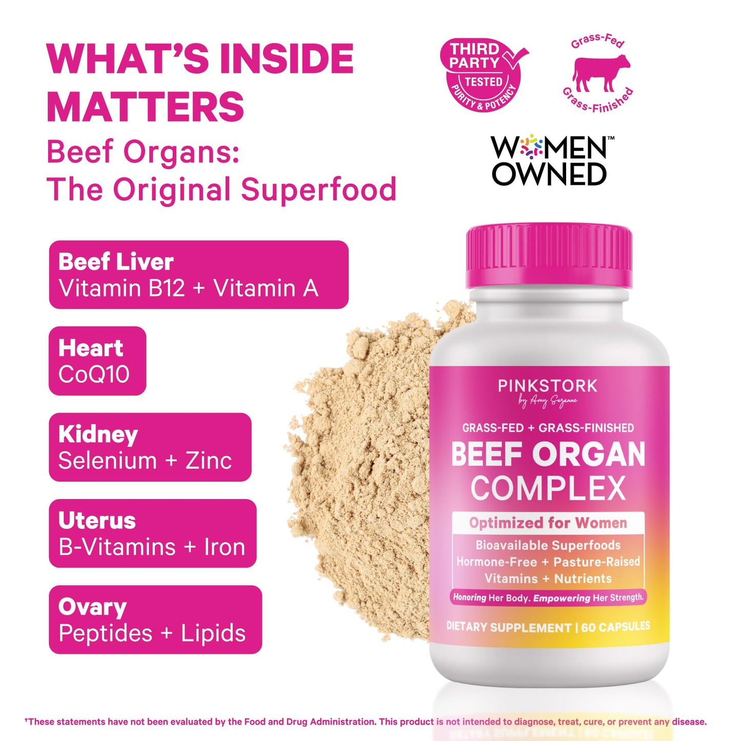 Pink Stork Beef Organ Supplement for Women | Grass-Fed Beef Liver Capsules with Iron, B12, CoQ10, Vitamin A | Primal Multivitamin for Female Hormone + Energy Support | 60 Capsules Pink Stork