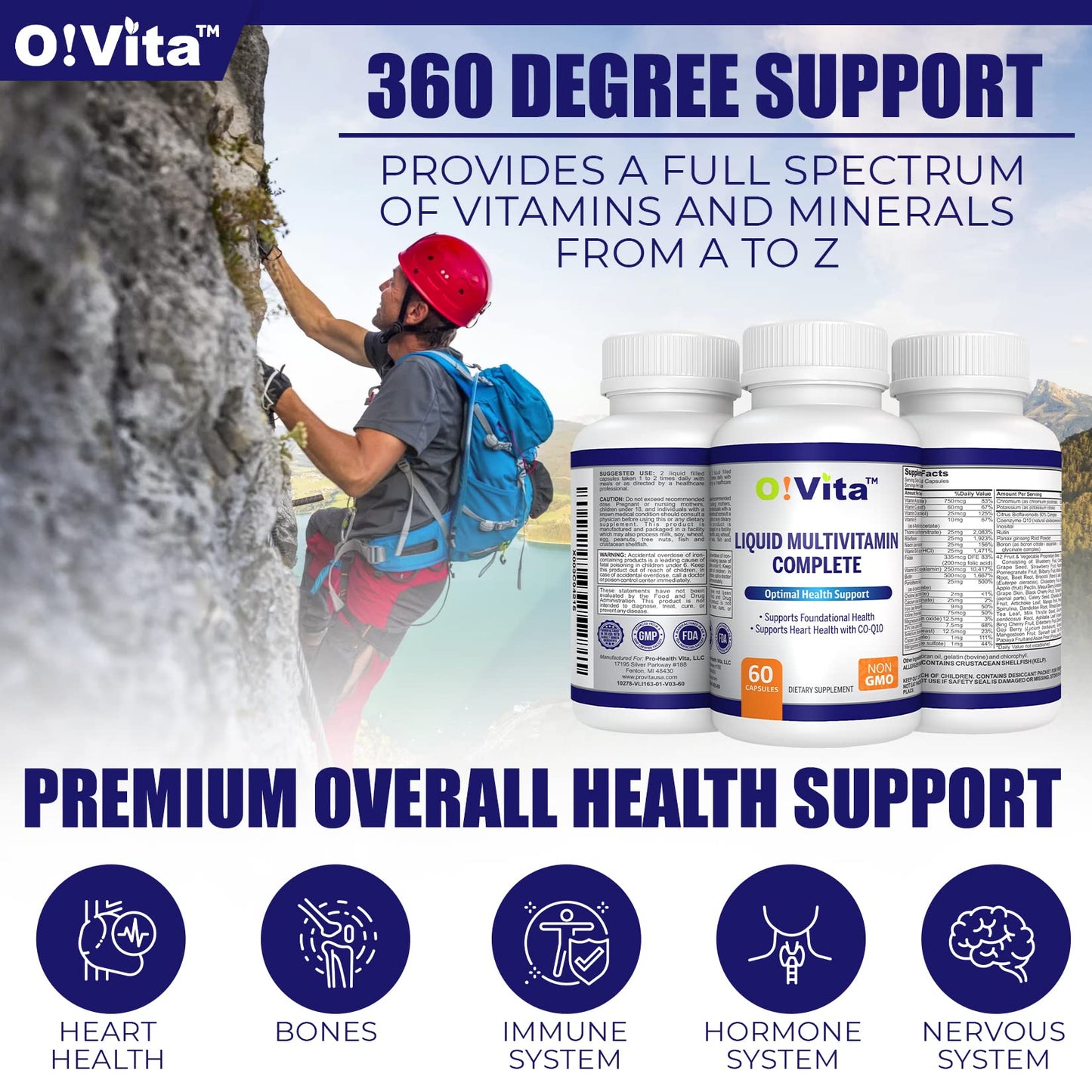 O!VITA Liquid Multivitamin Complete, with a Full Spectrum of Vitamins and Minerals, Plus 42 Fruits and Vegetable Proprietary Blend, Easy Absorption (60 Vegan Liquid Filled Capsules) O!VITA