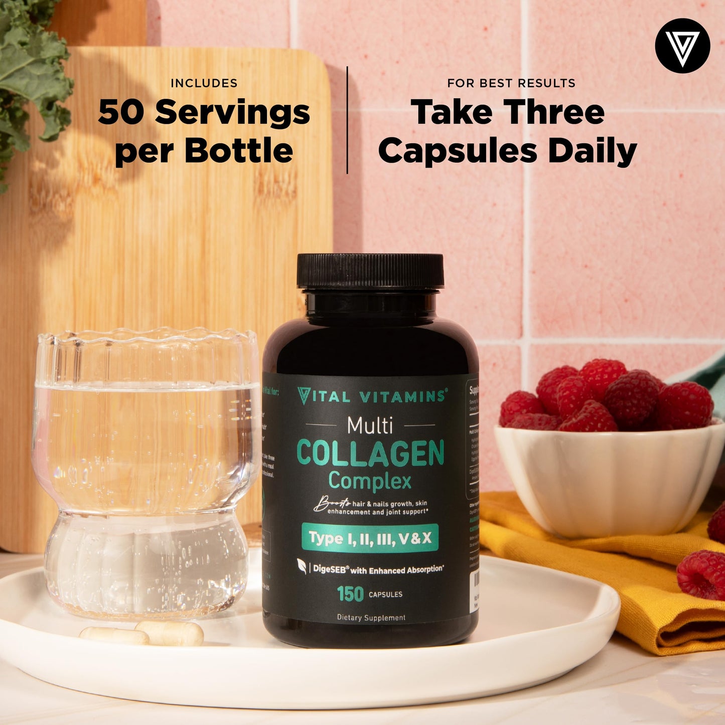 Vital Vitamins Multi Collagen Pills for Women & Men (2-Pack) - Hydrolyzed Collagen Peptides - Type I, II, III, V, X - Grass Fed, Non-GMO Vital Vitamins
