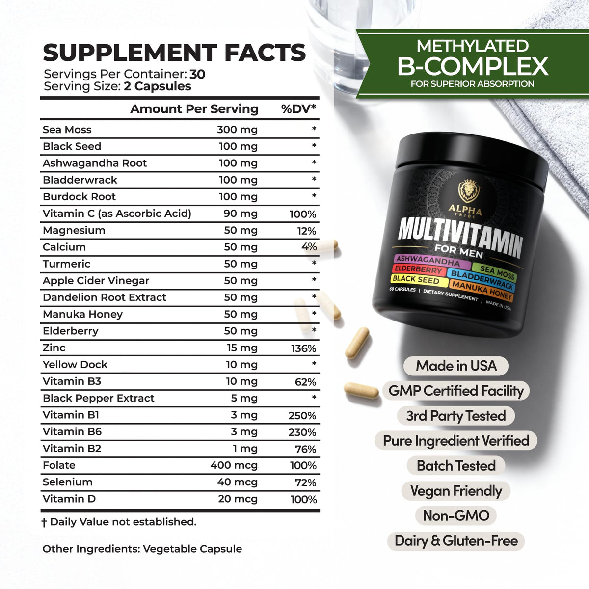 Alpha Tribe Multivitamin for Men & Organizer w/Seamoss Black Seed Oil Ashwagandha Burdock Root Turmeric Bladderwrack Vitamin C | Daily Men's Vitamins & Minerals Supplement | 60 Count Alpha Tribe