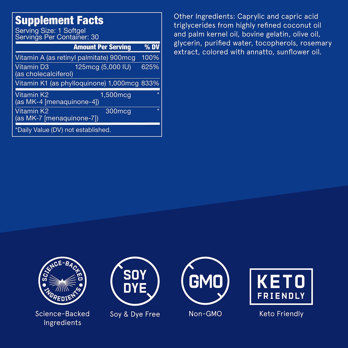 Vitamins A-D-K, 30 Softgels, 900mcg Vitamin A, with 5000 IU D3, K1, K2, K3, High Potency Bulletproof