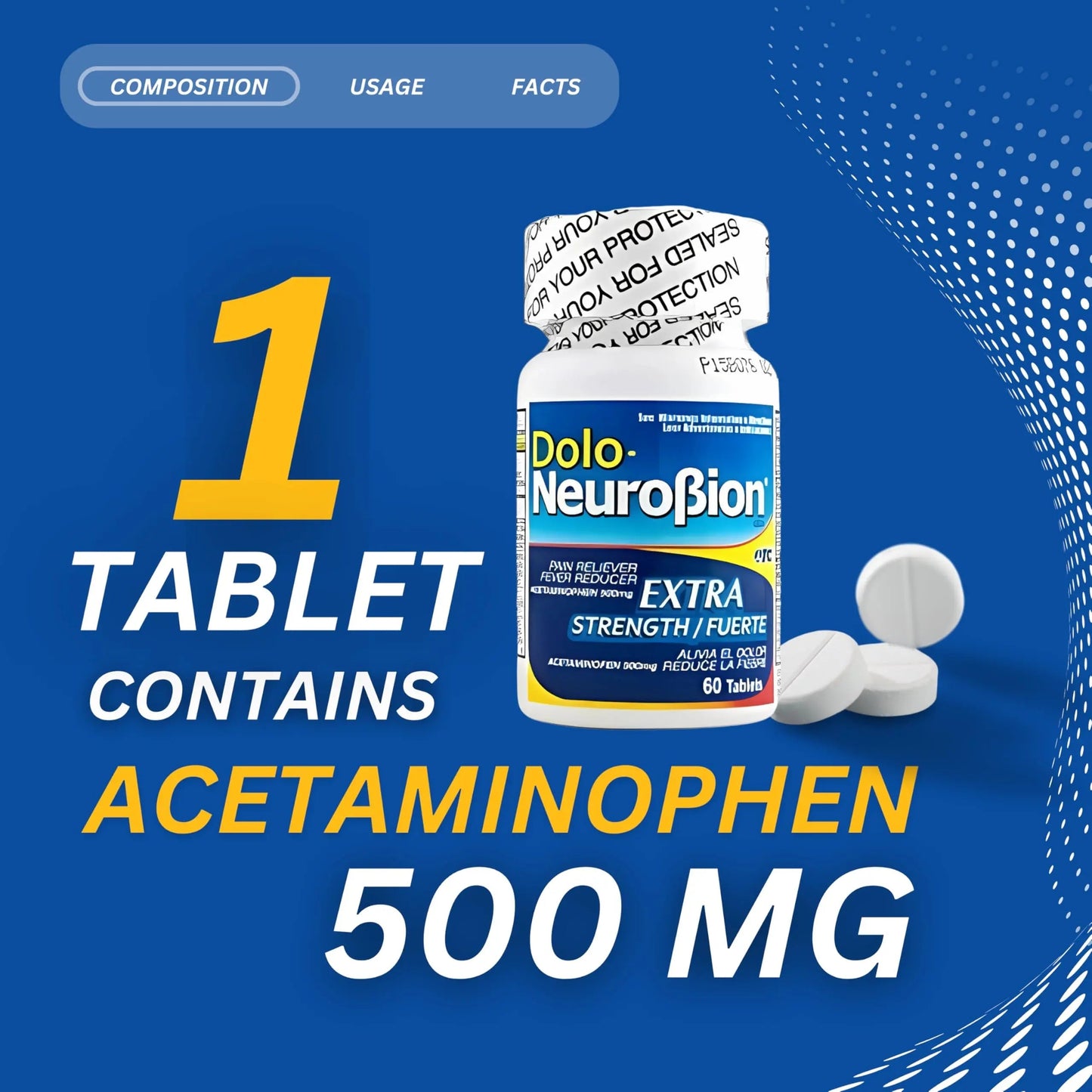 Dolo Neurobion Pain Reliever, Fever Reducer, Extra Strength. Alivia el Dolor,Reduce la Fiebre, Extra Fuerte. 60 Tablets. Acetaminophen 500 mg Neurobion