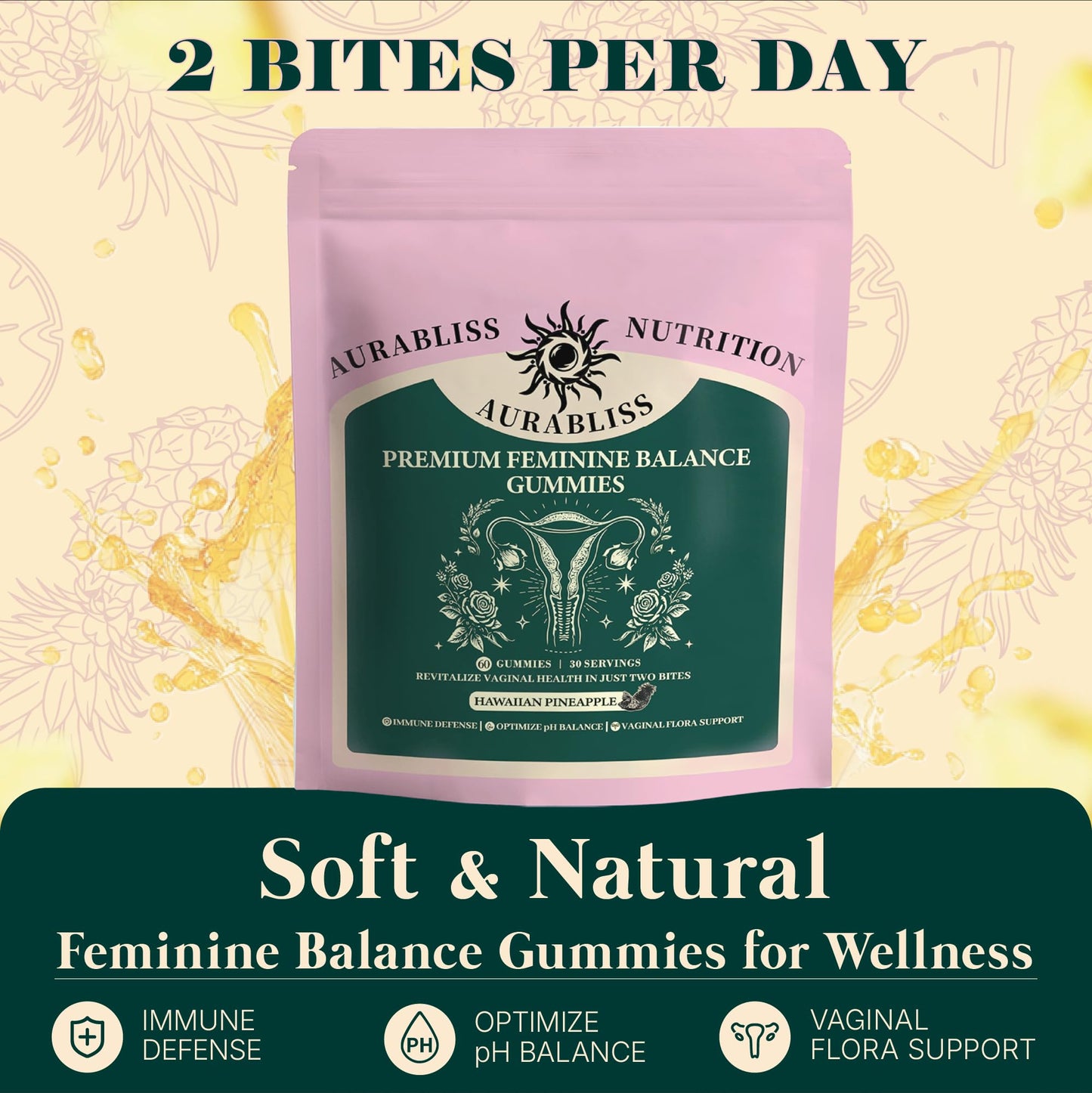 Premium Feminine Balance Gummies for Women - Hawaiian Pineapple Gummies for Women PH Balance Wellness, Immune Support, Vegan Daily Supplement for Odor and Flora Health , 60 Counts - 30 Servings Aurabliss