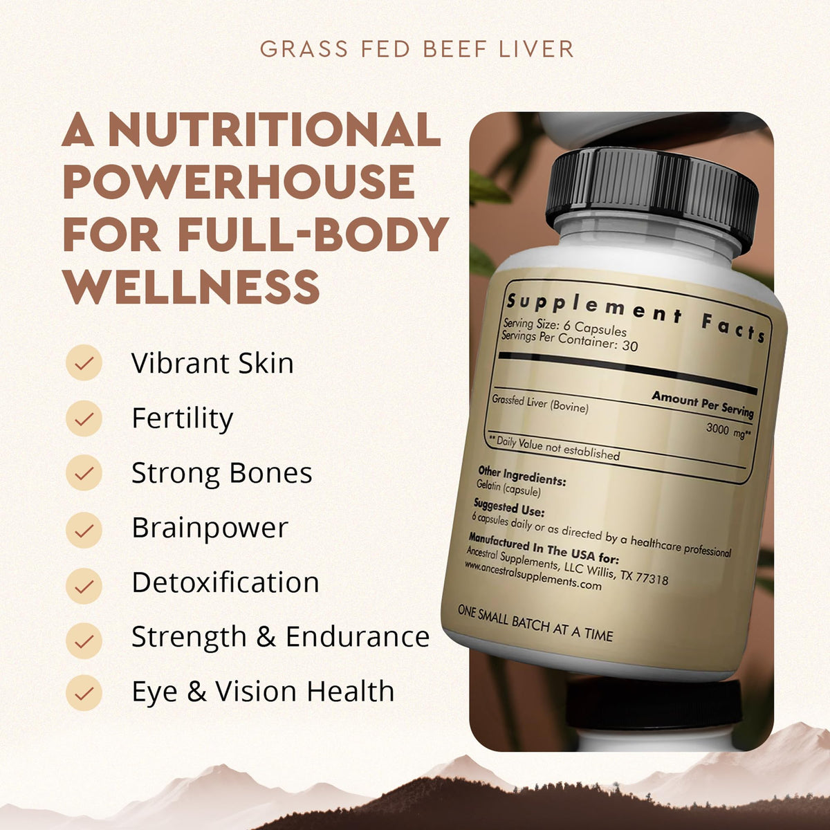 Ancestral Supplements Grass Fed Beef Liver 180 Capsules, Supports Energy Production, Detoxification, Digestion, Immunity and Full Body Wellness Ancestral Supplements