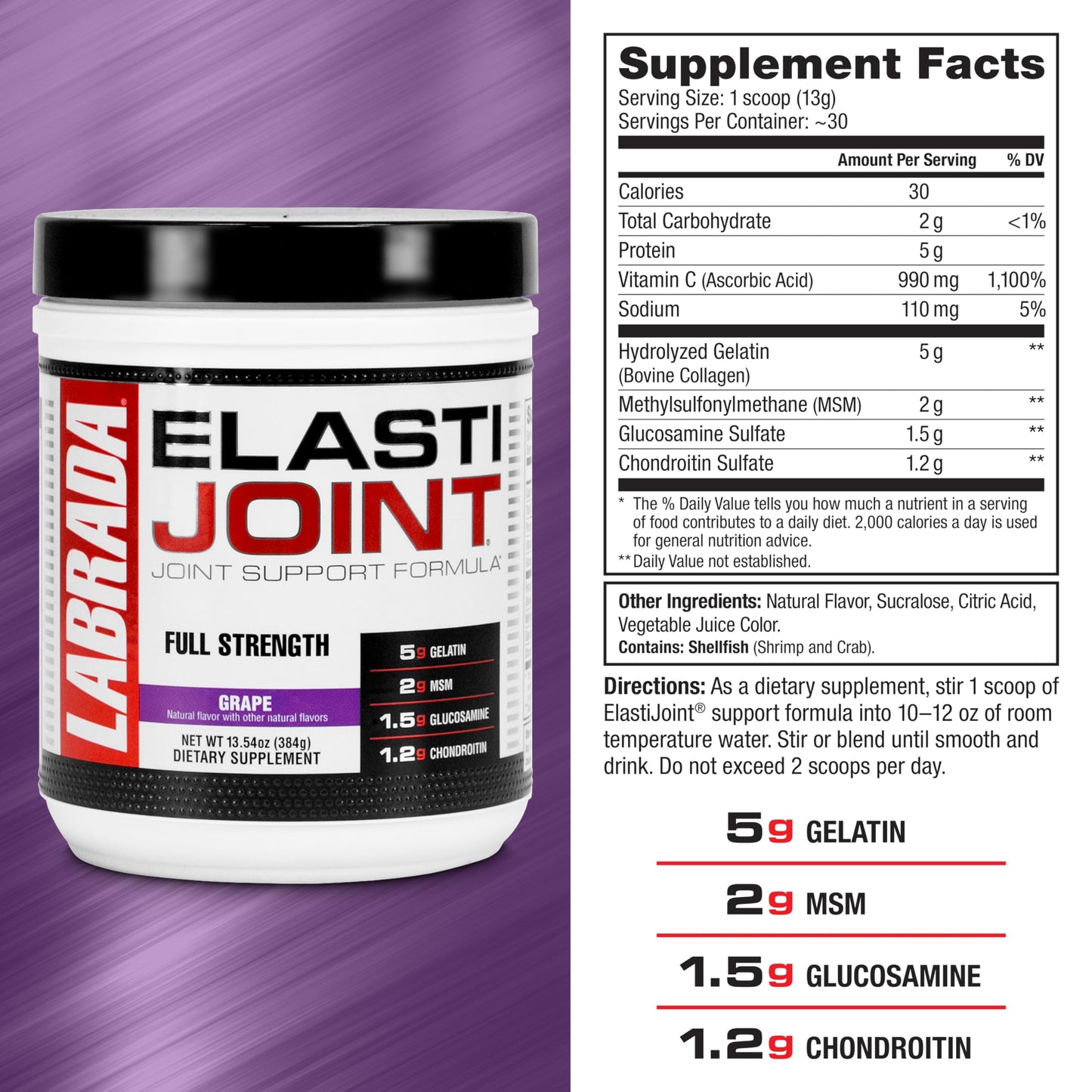 Labrada Nutrition Elastijoint, Grape - Glucosamine Joint Support Supplement Powder for Men & Women, Joint Relief & Bone Health Supplement with MSM, Glucosamine Chondroitin MSM - Gluten-Free Labrada