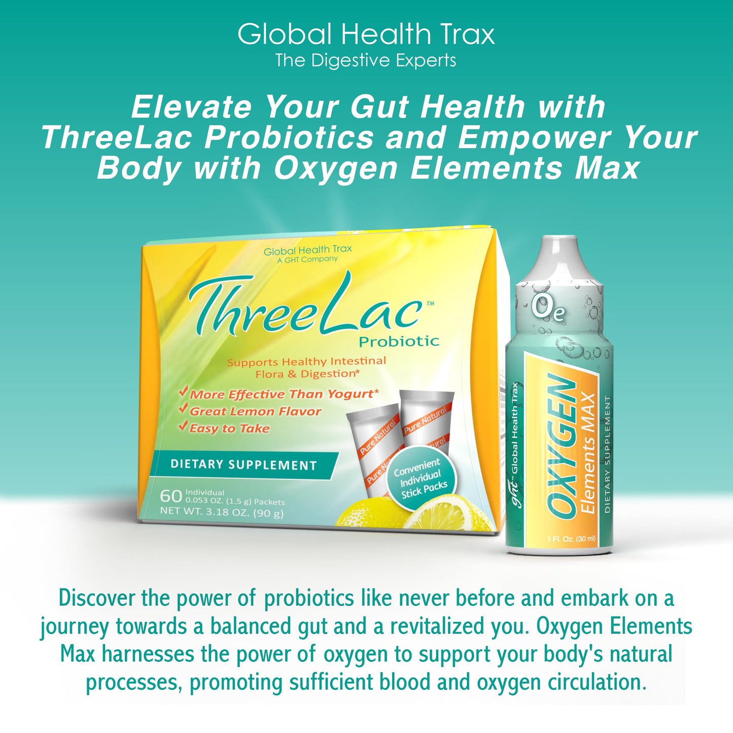 Global Health Trax Ultimate Gut & Oxygen Duo: ThreeLac Lemon Probiotic Powder (60 Packets) & Oxygen Elements Max Drops (1oz) - Digestive Support & Cellular Vitality ght Global Health Trax