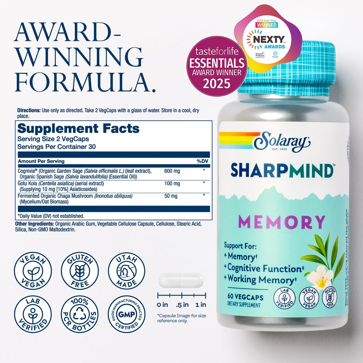 SOLARAY SharpMind Memory Formula - Brain Supplements for Memory and Focus - Cognivia, Gotu Kola & Chaga Mushroom Supplement - Ginkgo Biloba Alternative - 60-Day Guarantee - 30 Servings, 60 VegCaps SOLARAY