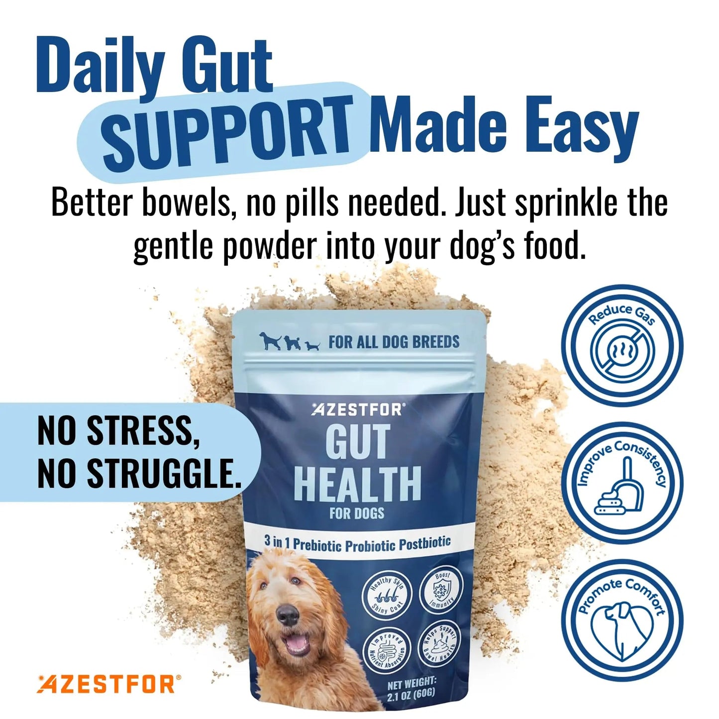 Azestfor Gut Health Supplement for Dogs – 3 in 1 Probiotic, Prebiotic & Postbiotic Blend – Supports Digestion, Immunity & Skin – Easy-to-Use Powder – for All Breeds & Sizes – 60g (30 Servings) Azestfor