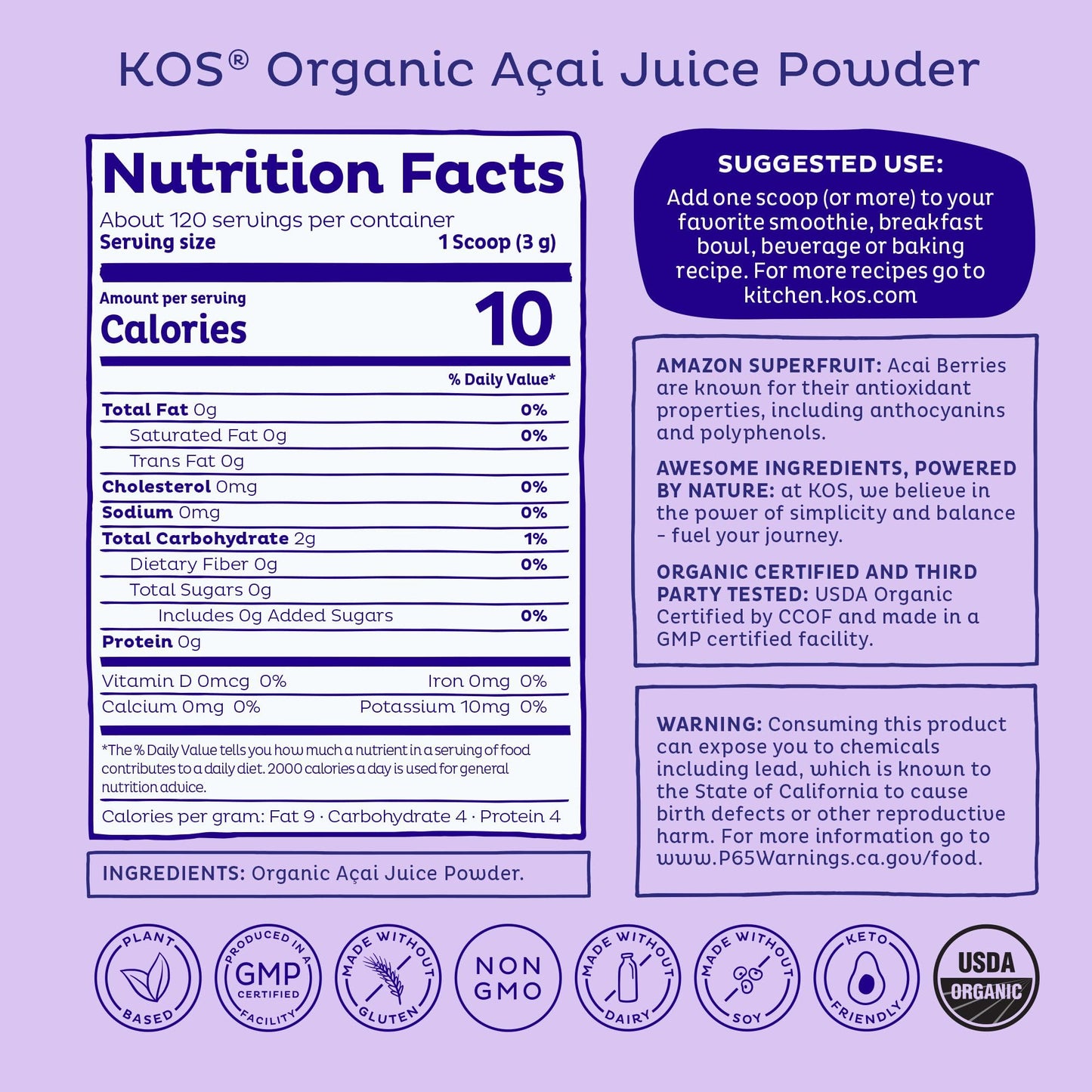 KOS Organic Acai Juice Powder - USDA Certified Organic, Plant Based Superfood Antioxidants, Superberry from Brazil, Great for Smoothies and Bowls, 0g Sugar, Vegan, Gluten-Free, Non-GMO - 120 Servings KOS