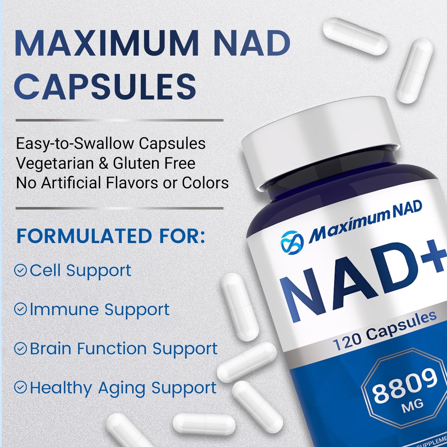 NAD+ Supplement 8,809mg with Liposomal NAD and Resveratrol for Women & Men - 120 Capsules to Support Cellular Health, Boost Stamina & Healthy Aging, Vegan & Gluten-Free Maximum NAD