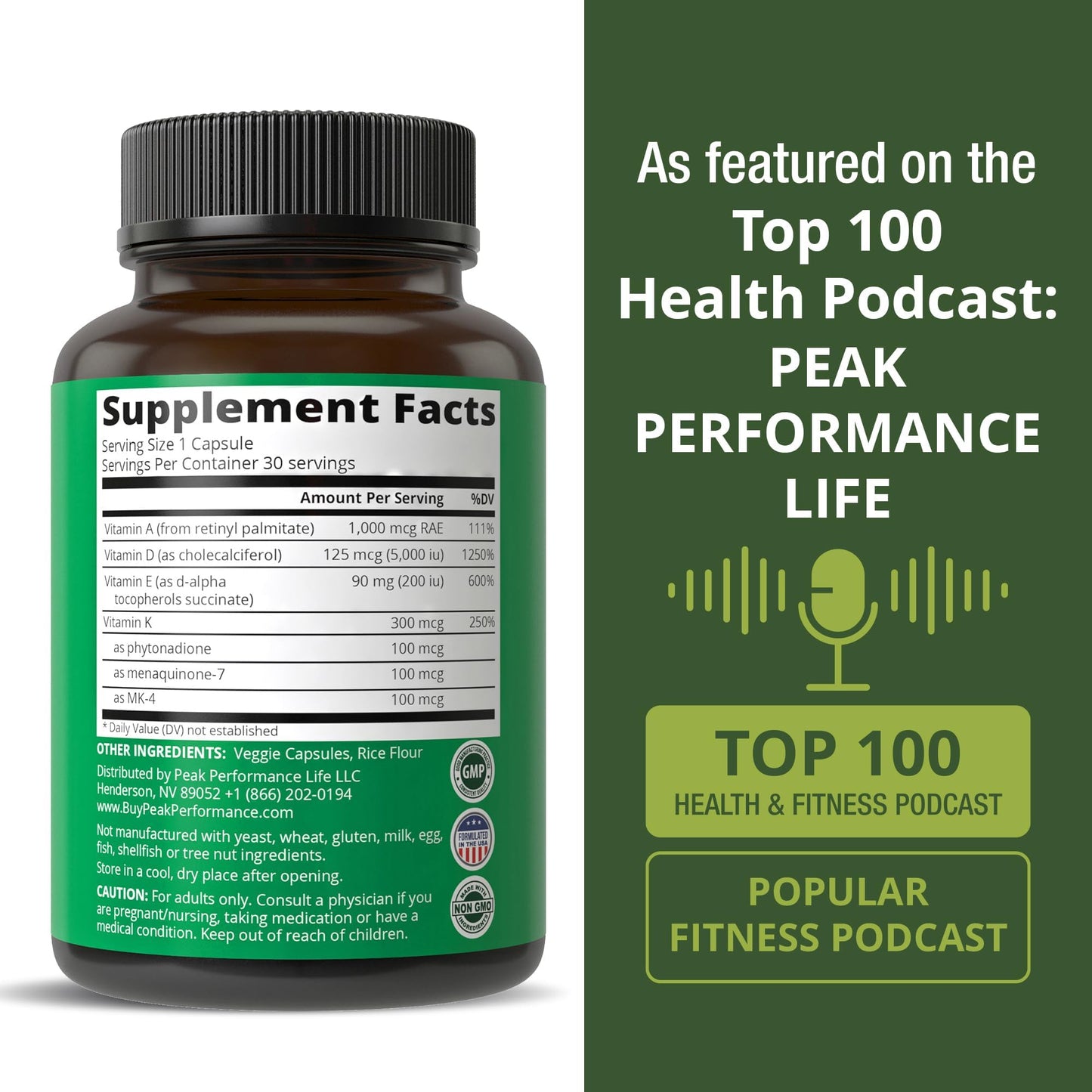 Peak Performance Vitamins D 5,000 iu + A + K + E All in 1 Easy to Swallow Vegan Capsule. ADK Vitamin Supplement with E D3 K2. Essential Vitamins for Mood Peak Performance