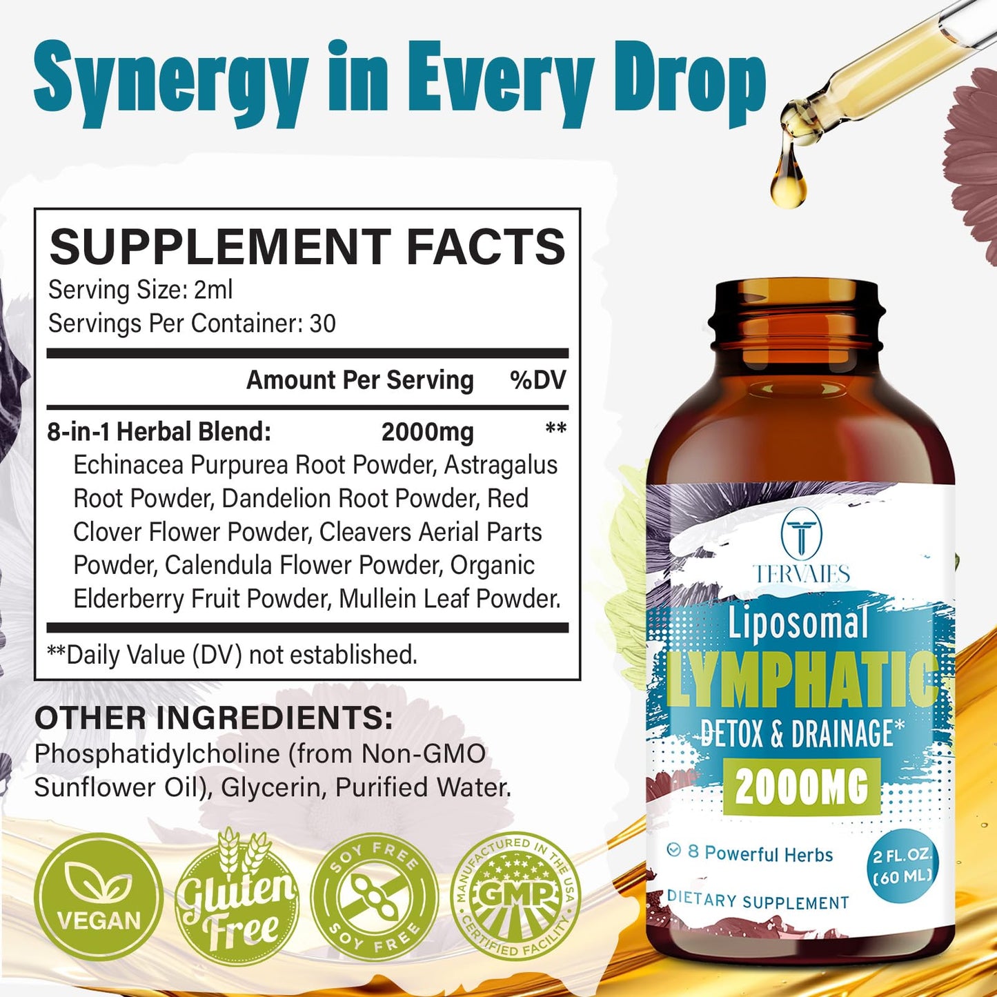 Tervaies Liposomal Lymphatic Drainage Drops 2000mg – Herbal Blend with Elderberry & Echinacea – 2 FL OZ Tervaies