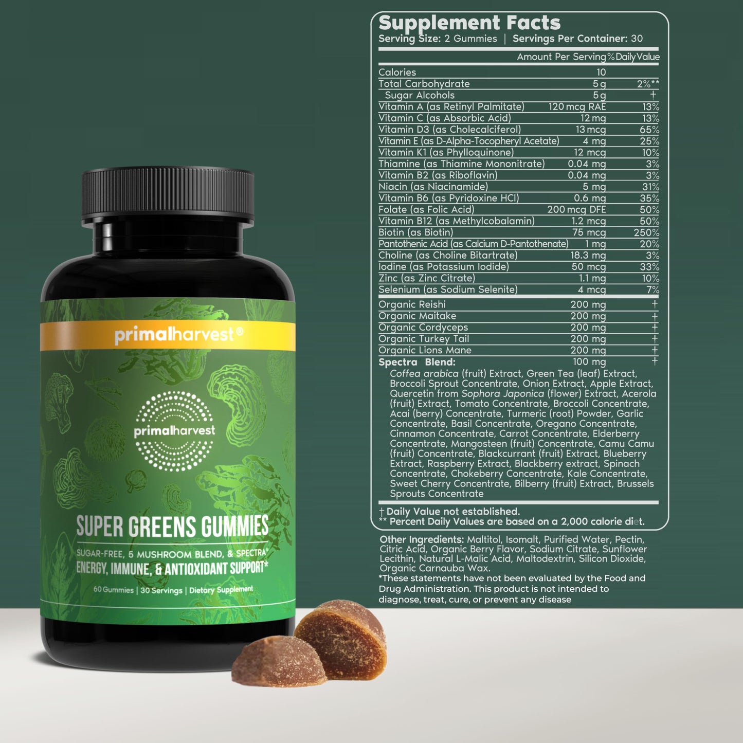 Primal Harvest Super Greens Gummies, Superfood Blend with Adaptogenic Mushrooms Vitamins & Nutrient-Rich Minerals & Antioxidants for Energy & Immune Support 1 Pack 60 Count, Primal Harvest