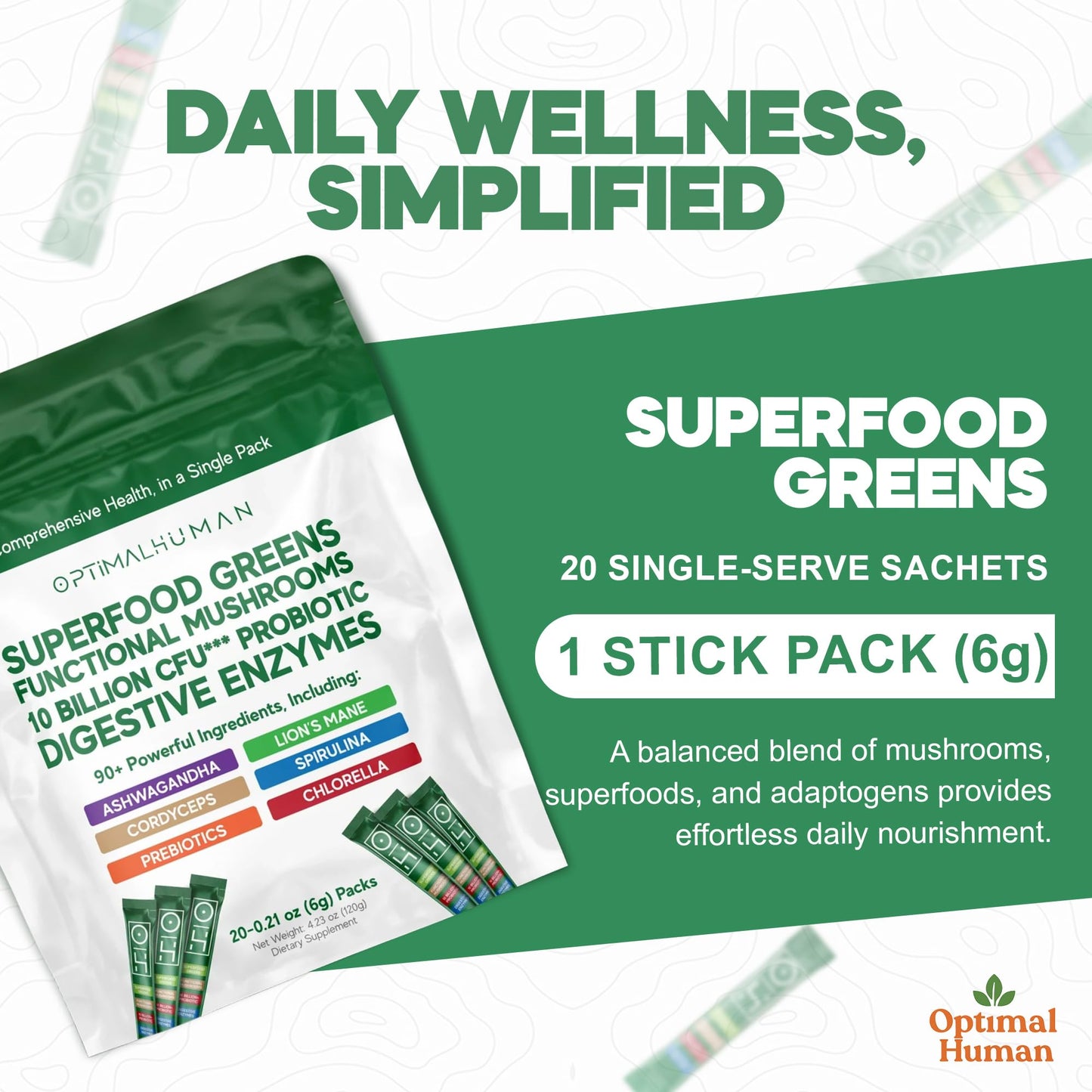 Optimal Human Superfood Greens Powder – 90+ Ingredient Blend with Lion’s Mane Supplement, Ashwagandha & Turmeric – Non-GMO, Soy-Free, Mushroom Supplements for Women – 20 Sachets O H