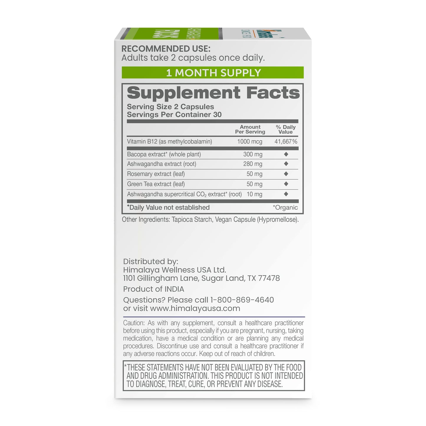 Himalaya Ashwagandha+ Focus - Herbal Focus Supplement with B12, Rosemary, Green Tea, and Bacopa Nootropics for Memory and Clarity - Vegan, Non-GMO, Gluten Free, 1690 mg, 60 Caplets Himalaya