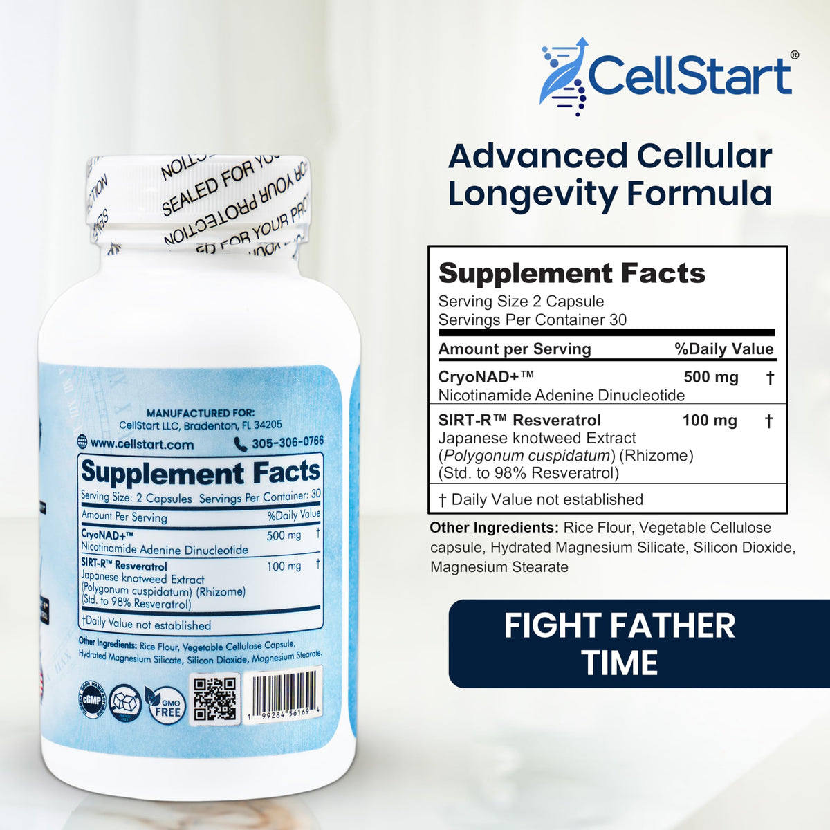 CellStart NAD+ Resveratrol Supplement 60 Capsules of 500mg | Anti Aging & Cellular Support Supplements for Women & Men - NAD Supplement Made in USA, (1-Month Supply) CellStart