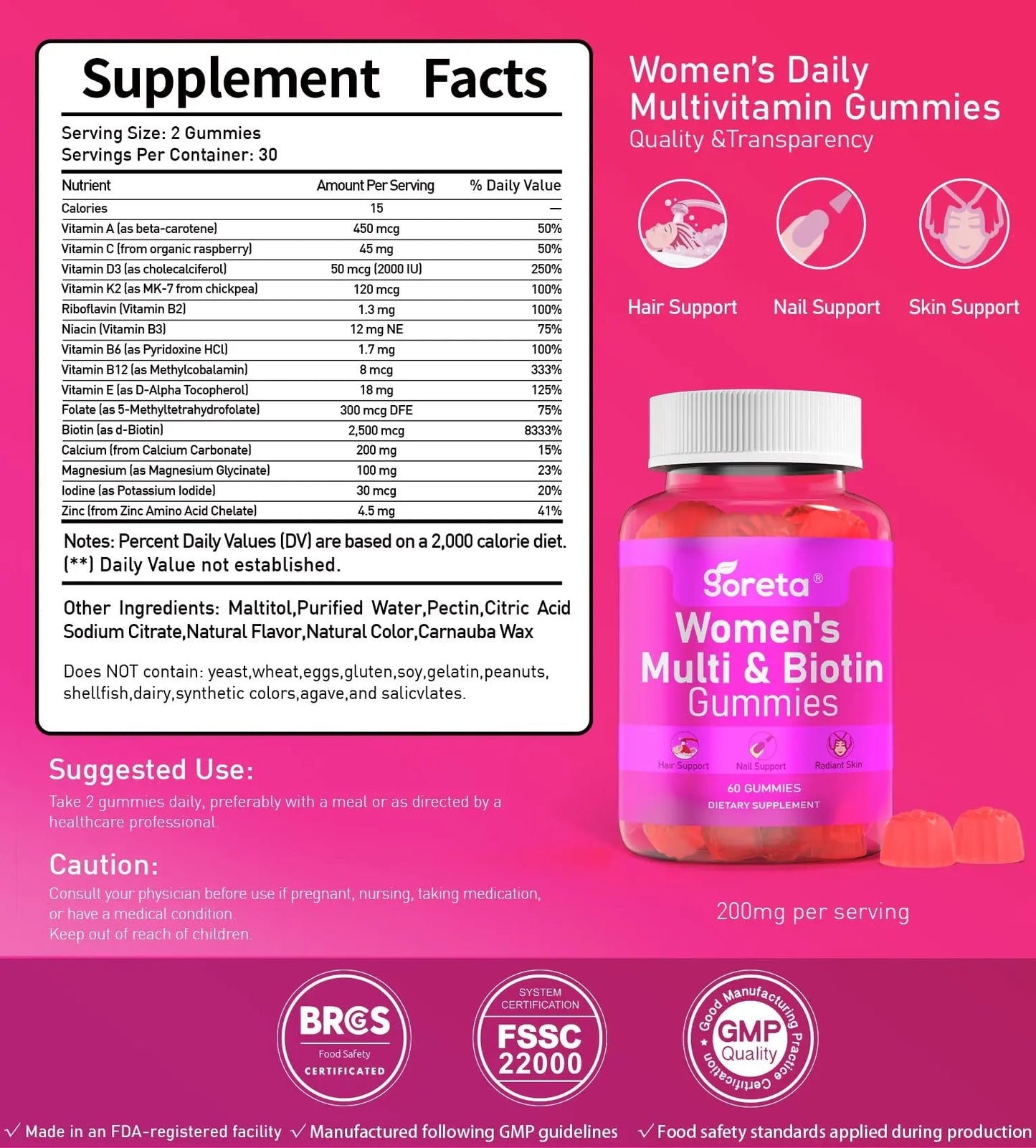 Goreta Women’s Multivitamin Gummies with Biotin 2,500 mcg – 15 Key Nutrients, Sugar-Free Mixed Berry, Pectin-Based, 60 Count Goreta
