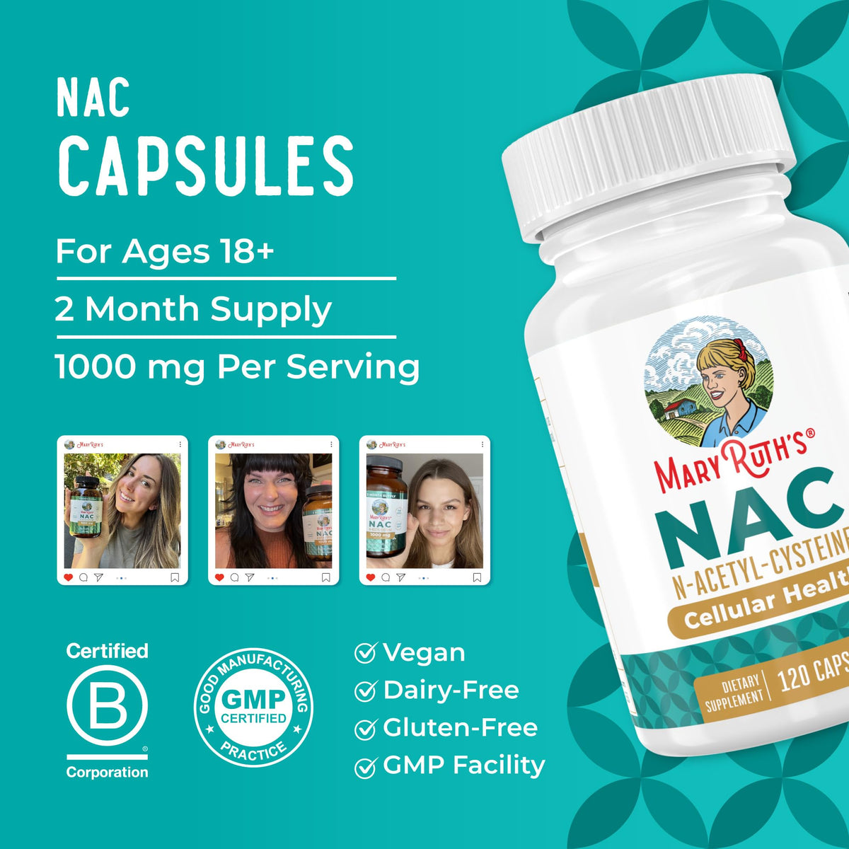 MARYRUTH'S Organics NAC Supplement N-Acetyl Cysteine | 2 Month Supply | NAC 1000mg per Serving | Vegan Capsules | Gluthamine Precursor | Amino Acid MARYRUTH'S