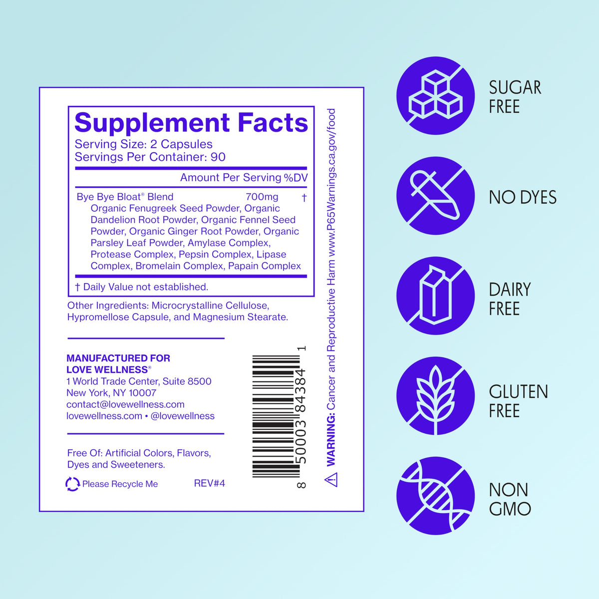 Love Wellness Bye Bye Bloat, Digestive Enzymes | Bloating Relief for Women | Help Reduce Gas Relief & Water Retention | Supports Digestive Health with Fenugreek & Dandelion | 180 Count Love Wellness