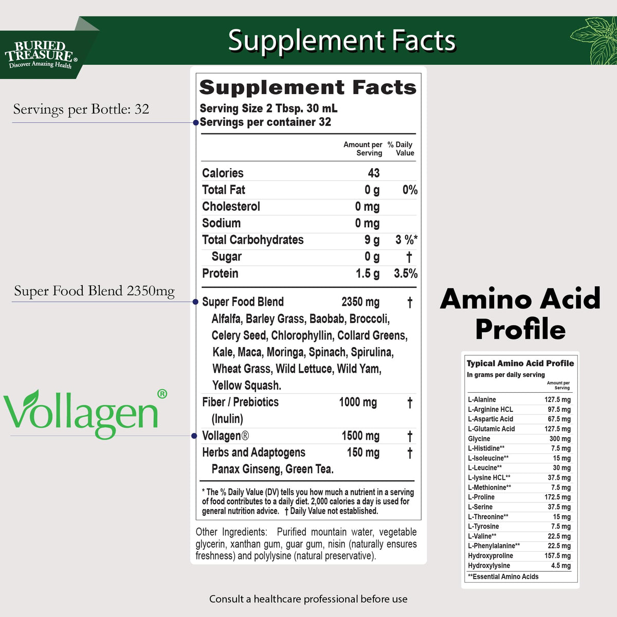 Buried Treasure Green20 Fusion – Superfood Blend with Vollagen for Skin, Hair, and Joint Support, Plant-Based, Vegan, Non-GMO Gluten-Free, Dairy-Free, Soy-Free, 32oz Liquid Buried Treasure