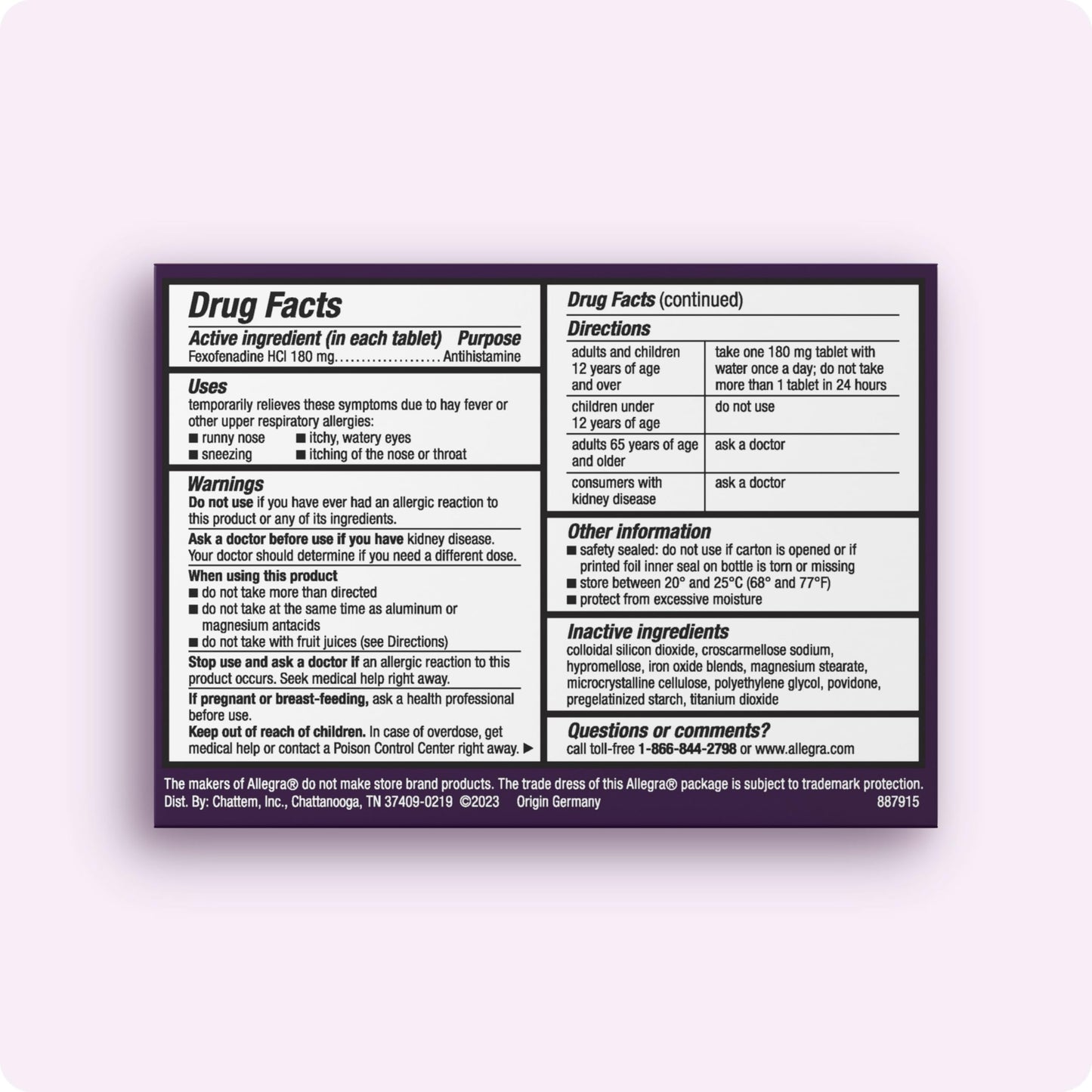 Allegra Adult 24-Hour Allergy Relief Tablets, Non-Drowsy Indoor and Outdoor Allergy Medicine, 180 mg Fexofenadine HCI Antihistamine Pill, 100-Count Allegra