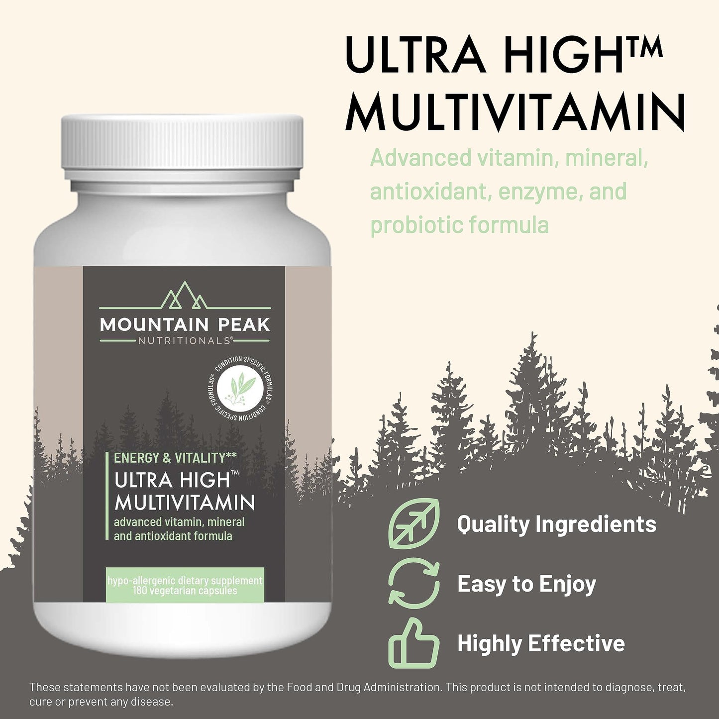 Mountain Peak Nutritionals Ultra High Multivitamin for Men & Women - with Vitamins A, B12, B6, C, D, E, Magnesium, Zinc, Folic Acid, Digestive Enzymes & Probiotics (180 Vegetarian Capsules) Mountain Peak Nutritionals