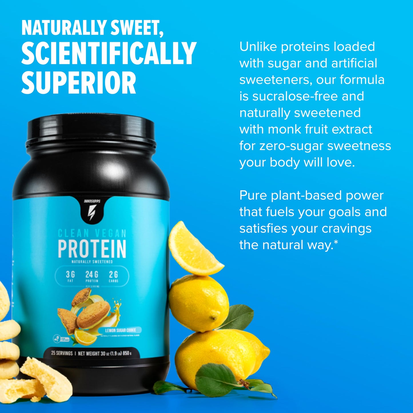 InnoSupps Clean Vegan Protein - Plant Based, Vegan, Natural, No Artificial Sweeteners, No Gluten, No Dairy. Lactose Free, Low Carbs, Low Fat, No Sugar Added, Soy Free, Non-GMO (Lemon Sugar Cookie) Gsupps Australia
