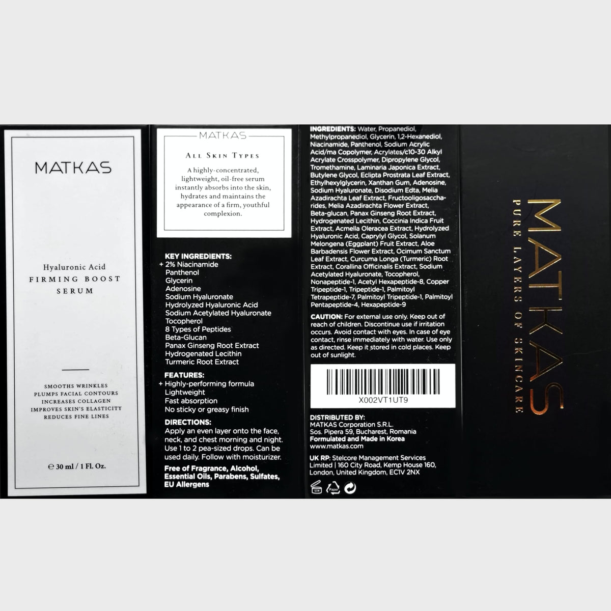 MATKAS Korean Firming Boost Hydrating Hyaluronic Acid Serum 1 Fl. Oz. - Hyaluronic Acid + 2% Niacinamide Serum for Dry Skin, Anti Aging Korean Peptides Moisturizer for Face, Deep Facial Skin Hydration MATKAS