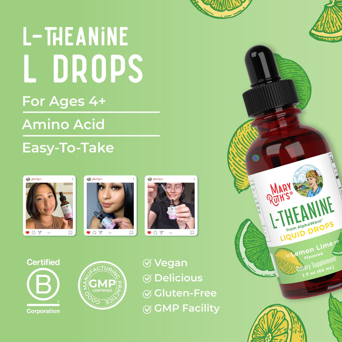 MaryRuth's L Theanine 200mg Liquid Drops | Mood Support for Adults & Kids | Focus Supplement | Natural Sleep Support | Vegan | Non-GMO | Gluten Free | 30 Servings MARYRUTH'S