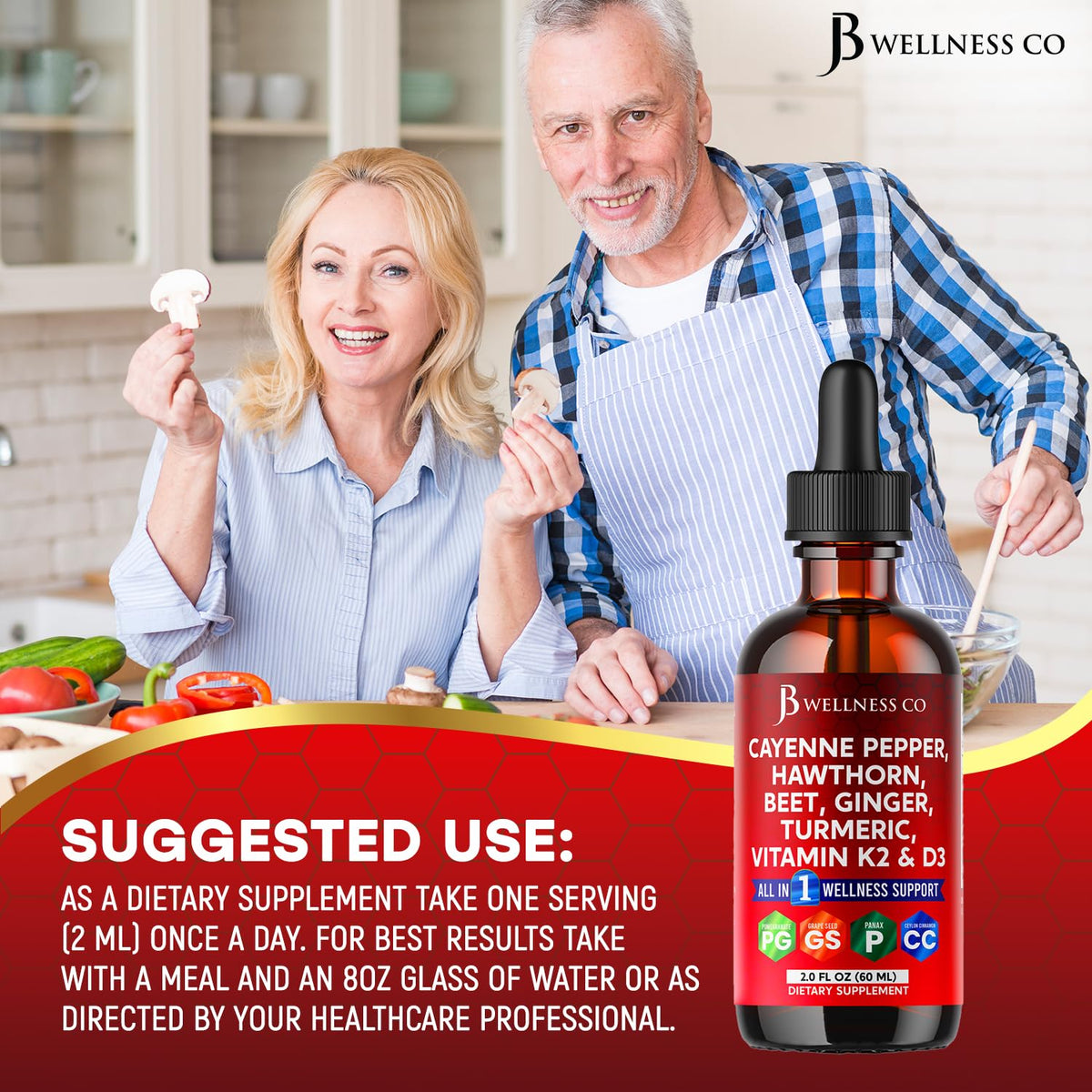 Cayenne Pepper Supplement Liquid Drops + Hawthorn Berry, Vitamin D3 K2 Beet Root Powder, Ceylon Cinnamon, Turmeric Curcumin, Organic Panax Ginseng - 4oz JB Wellness Co