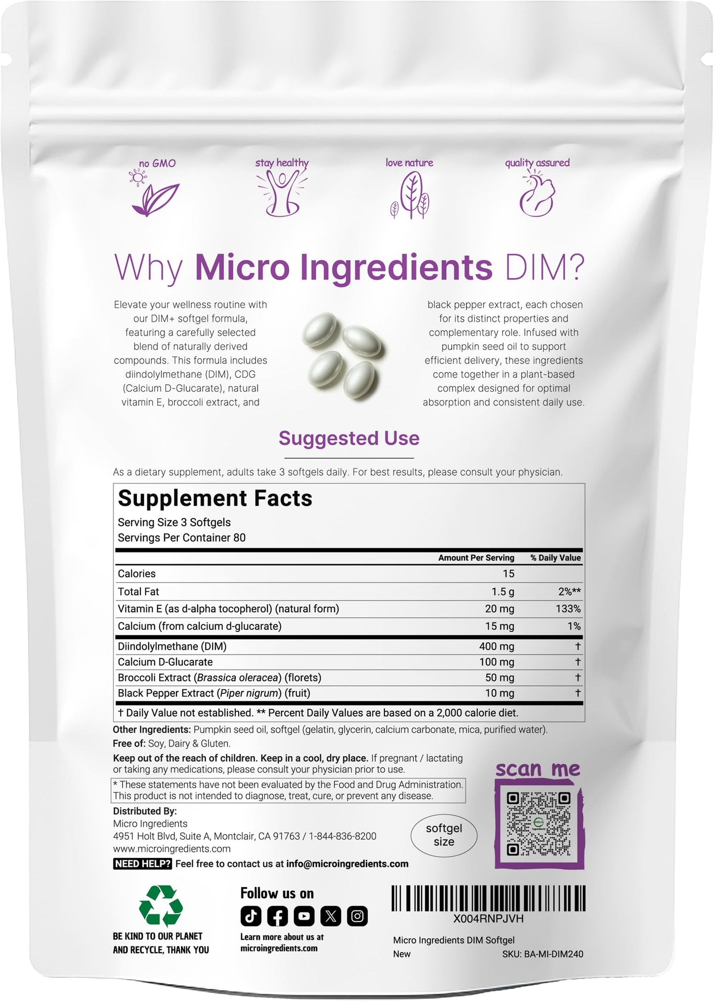 Micro Ingredients DIM+ Supplement 400mg for Men & Women | 240 Softgels with Pumpkin Seed Oil | Highly Bioavailable 7-in-1 Complex with Vitamin E, CDG, Broccoli & Black Pepper Extract Micro Ingredients