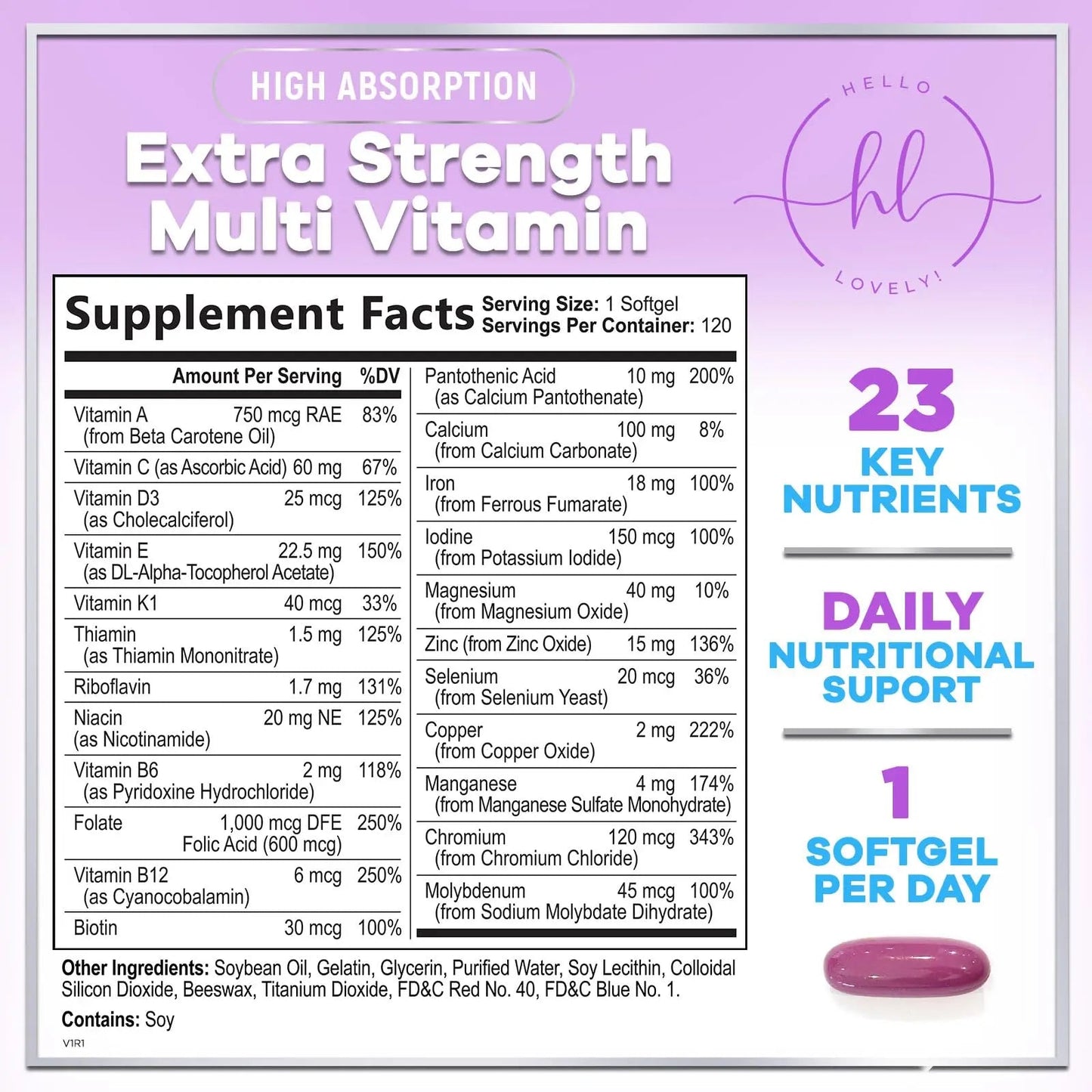 Multivitamin For Women - Complete Daily Woman's Multivitamins with Biotin, Calcium, Folic Acid, Iron, Zinc, Vitamin A, C, D, E & B Vitamins Hello Lovely!