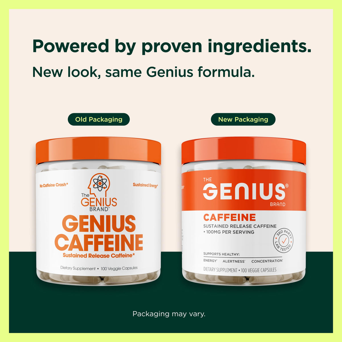 Genius Caffeine - Sustained-Release Microencapsulated Caffeine Pills for Smooth, Long-Lasting Energy & Focus - No Jitters or Crash - 100mg per Capsule - 100 Servings - Natural Performance Booster The Genius Brand