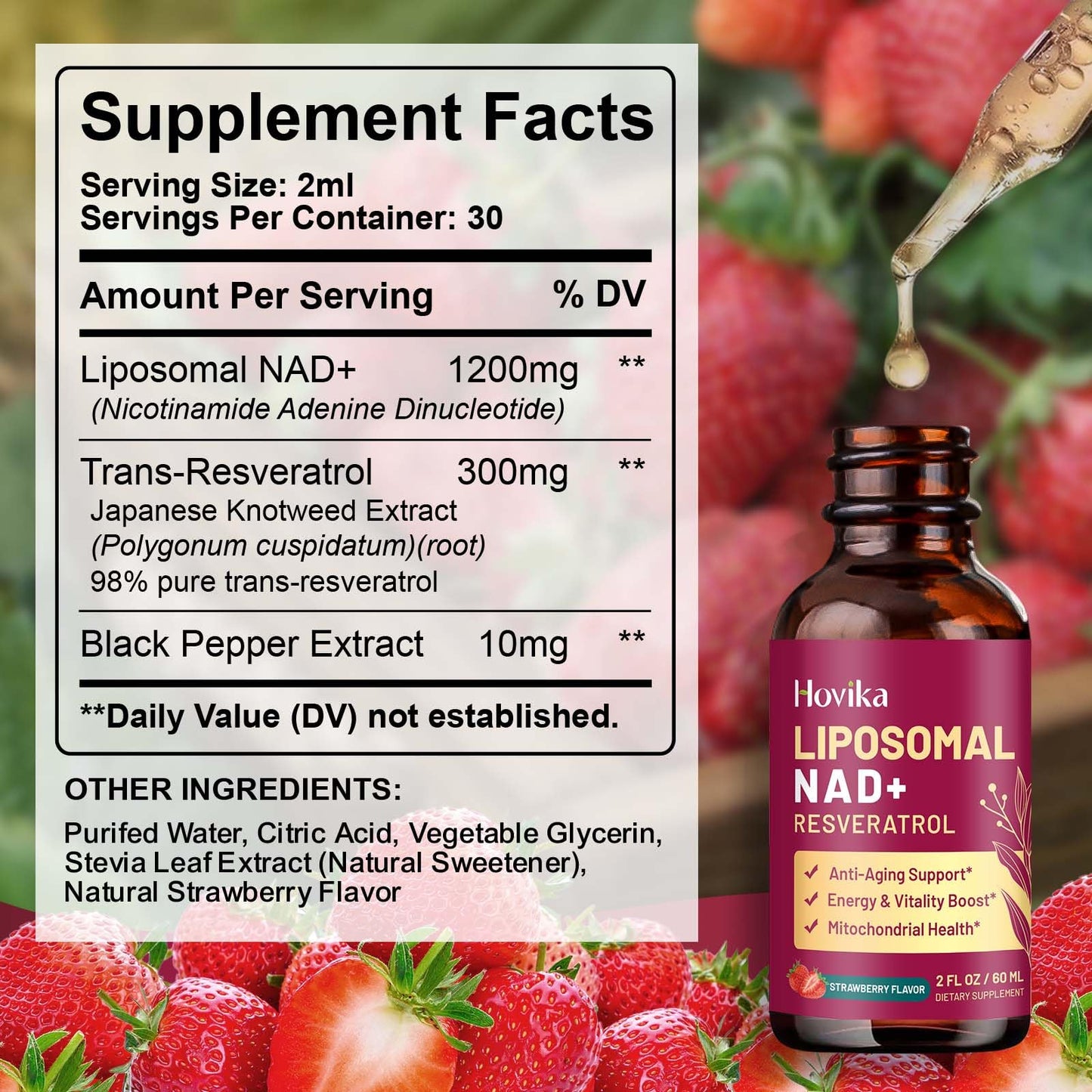 Liposomal NAD Supplement - 1200mg NAD+ Liquid Drops for Women & Men with Resveratrol, Black Pepper Extract - Support Anti-Aging, Brain & Cellular Mitochondrial Health - 2 Fl Oz, Strawberry Flavor Hovika