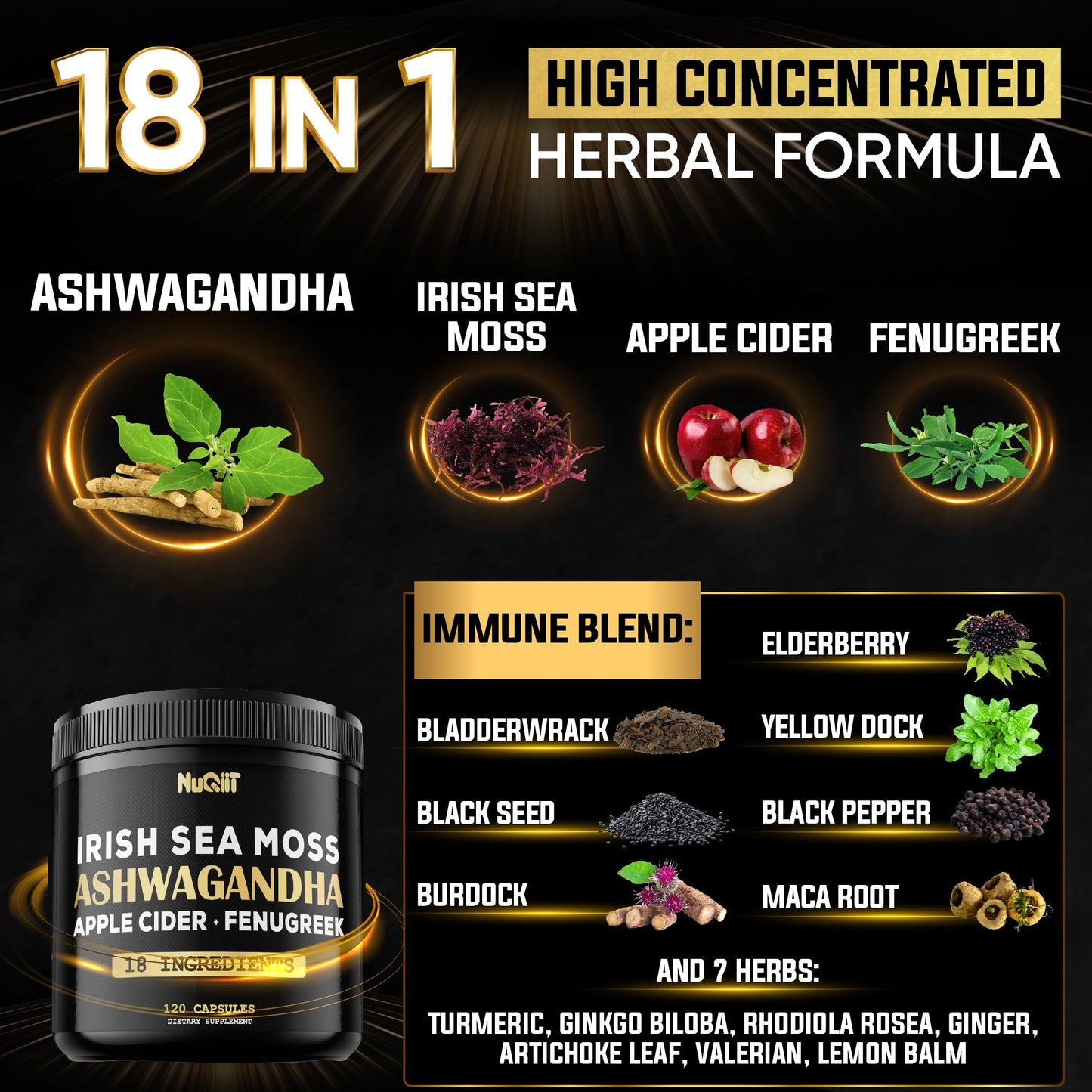 NUQIIT Organic Ashwangdha Capsules 15000mg Irish Sea Moss Apple Cider Vinegar & More - Support Brain Health, Strength & Immune System - 120 Vegan Capsules NUQIIT