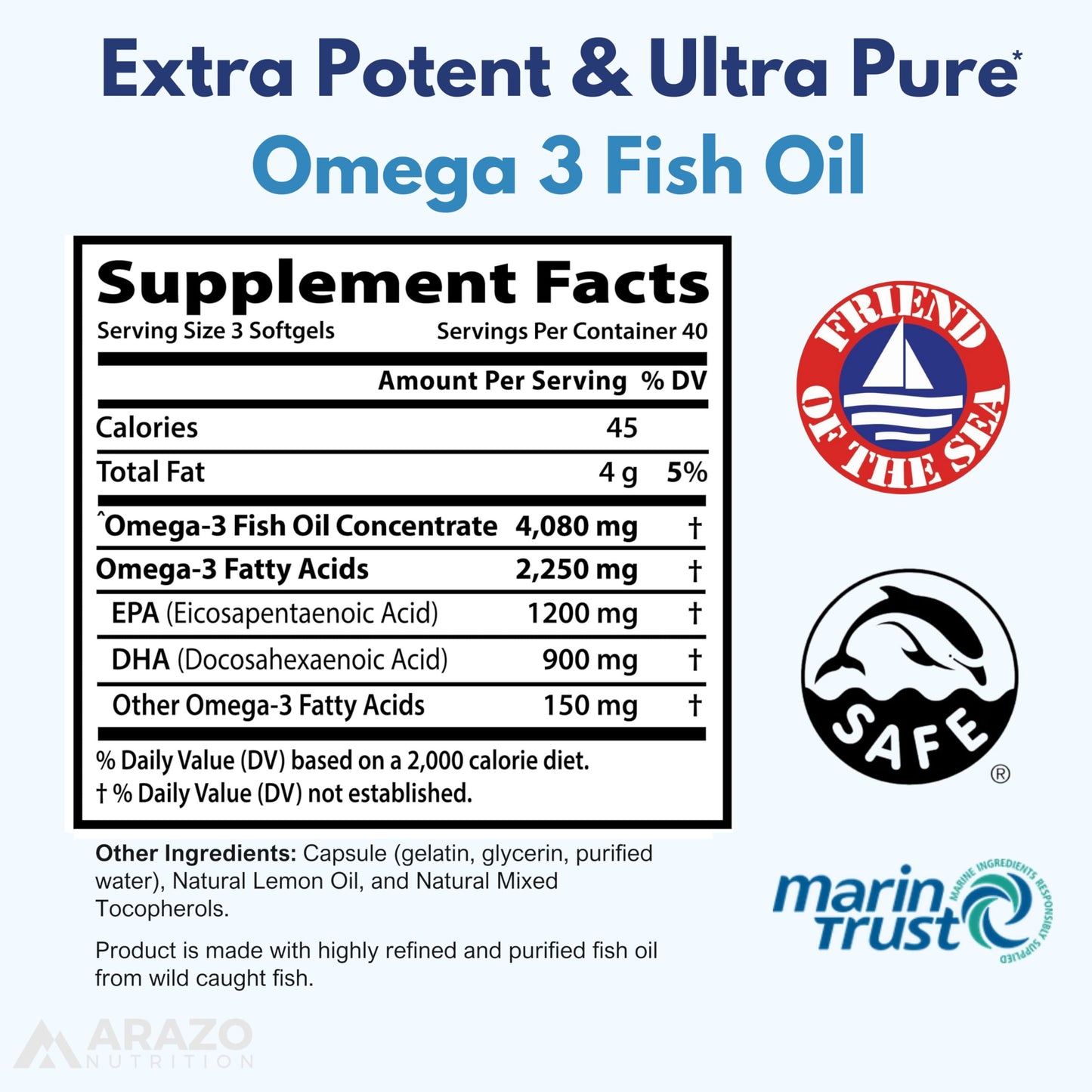 Arazo Nutrition Wild Caught Omega-3 Fish Oil Concentrate – 4,080mg per Serving – High EPA 1200mg & DHA 900mg dailyvitalstore