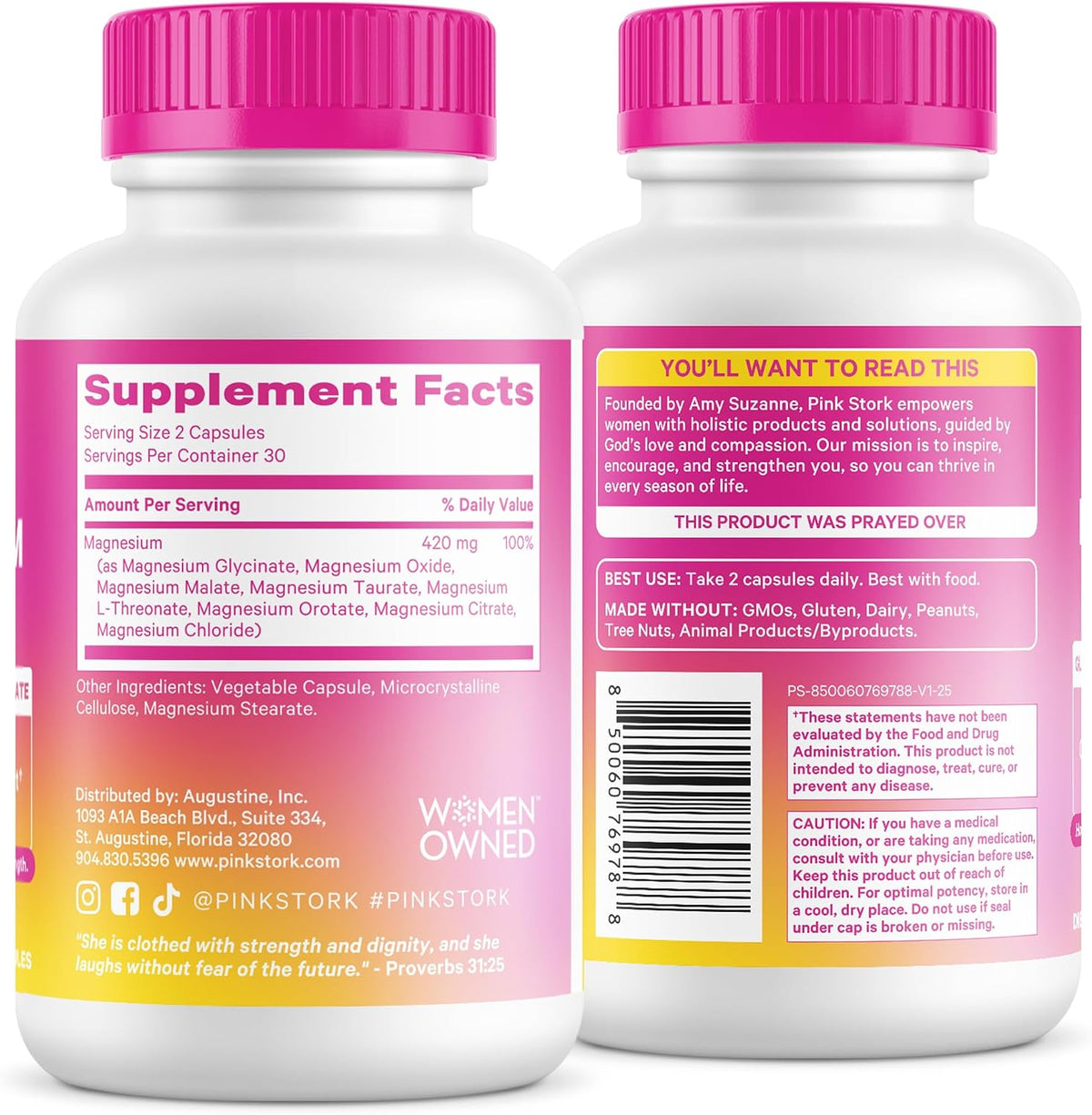 Pink Stork Magnesium Complex for Women, 8 Forms, 60 Capsules | 8 Forms - Glycinate, Malate, Citrate & L-Threonate - Stress, Sleep, Muscle & Hormone Support - 400 mg Elemental Magnesium Gsupps Australia