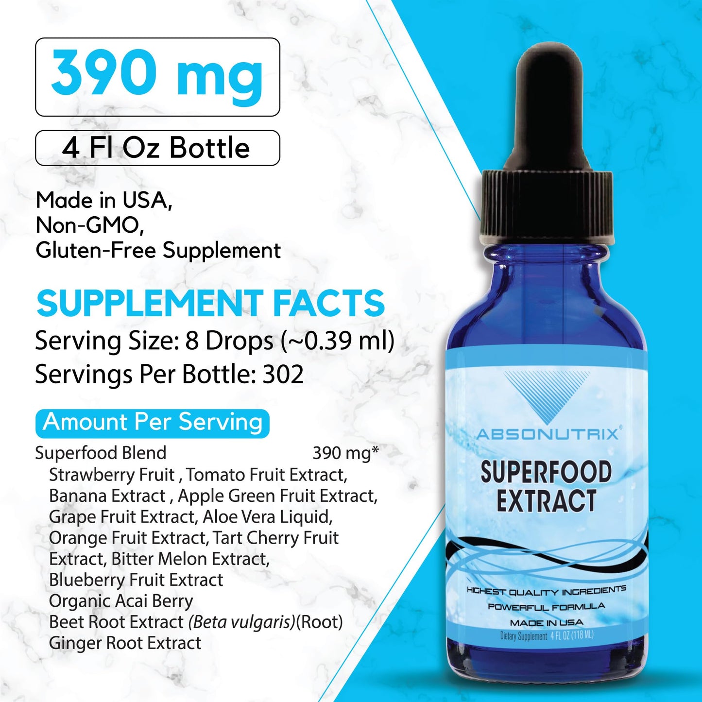 Absonutrix Superfood Extract 390 mg, 4 Oz Liquid, 302 Servings, Made in USA, Quick Absorption, Quality Potent Ingredients, Non-GMO, GMP Certified, Cruelty-Free Products Absonutrix