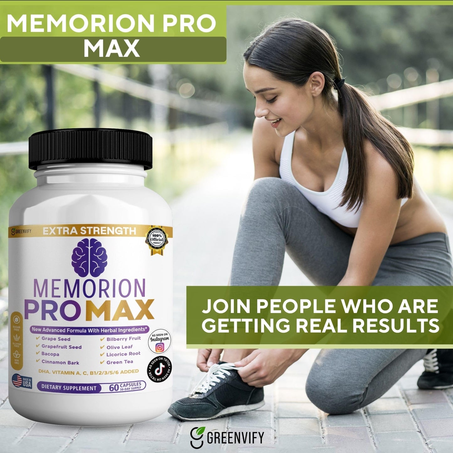 GREENVIFY Memorion Pro Max Extra Strength Brain Support Supplement, 60 Capsules, with DHA, Vitamins, Herbal Blend, 30-Day Supply (1) GREENVIFY