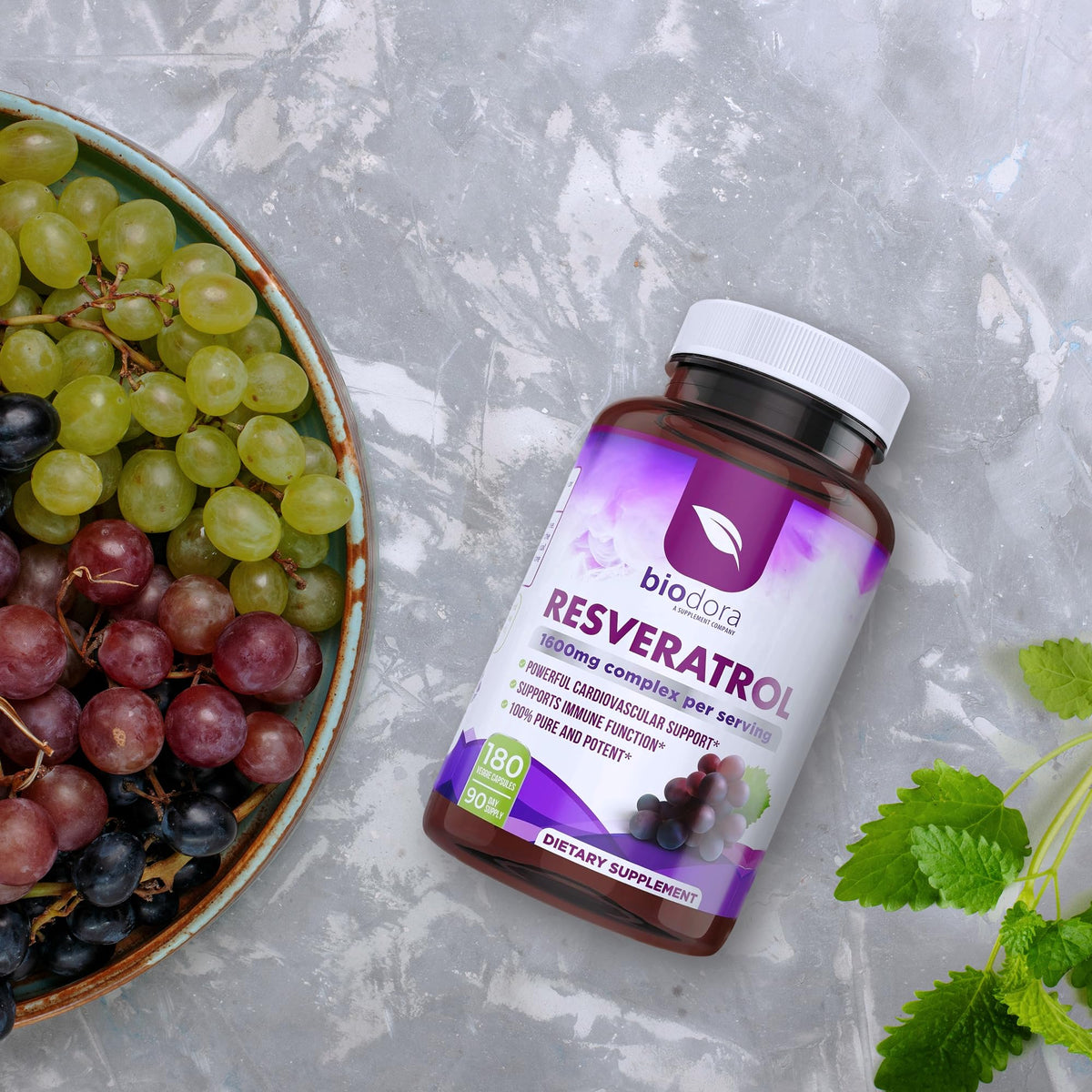 Resveratrol 1600mg - 180 Capsules | Trans-Resveratrol Antioxidant Supplement with Natural Green Tea, Grape Seed Polyphenols & Quercetin, Supports Digestive Biodora