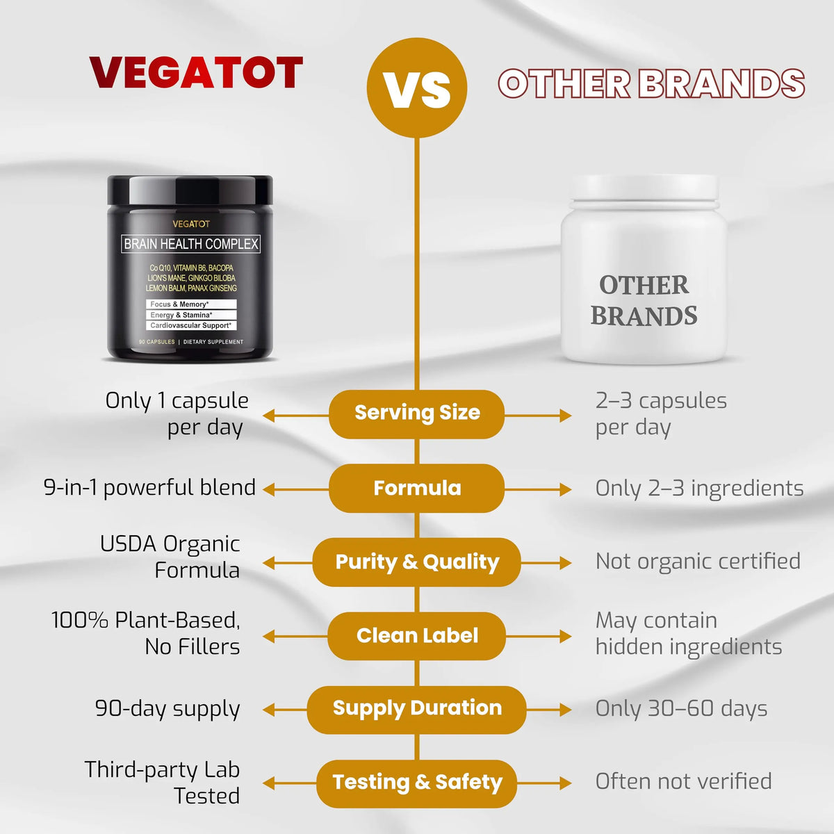 VEGATOT Brain Booster Brain Health Complex Supplement Concentrated with CoQ-10 VIT B6 Lion's Mane Ginkgo Biloba Lemon Balm Ginseng VEGATOT