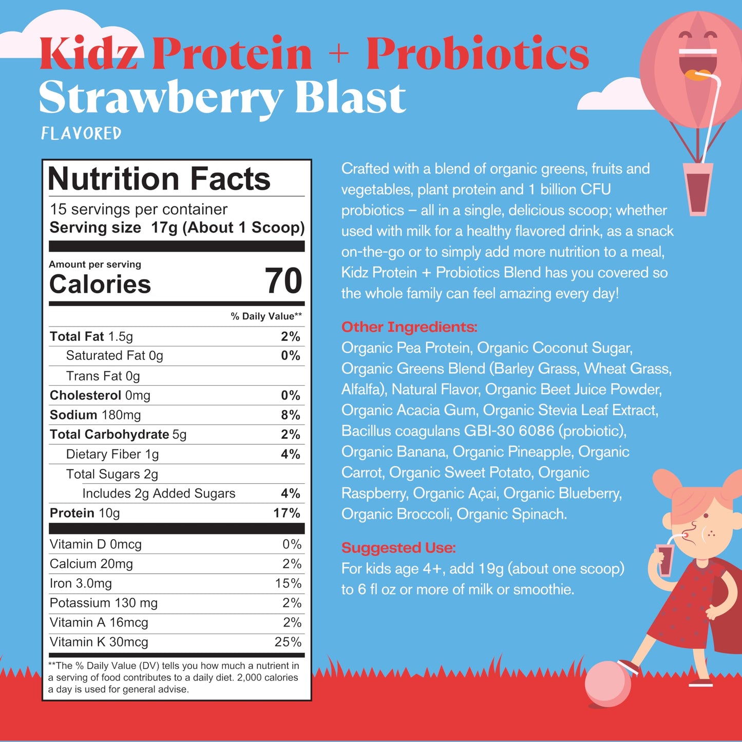 Amazing Grass Kidz Superfood: Vegan Protein & Probiotics for Kids with Beet Root Powder & 1/2 Cup of Leafy Greens, Strawberry Blast, 15 Servings Amazing Grass