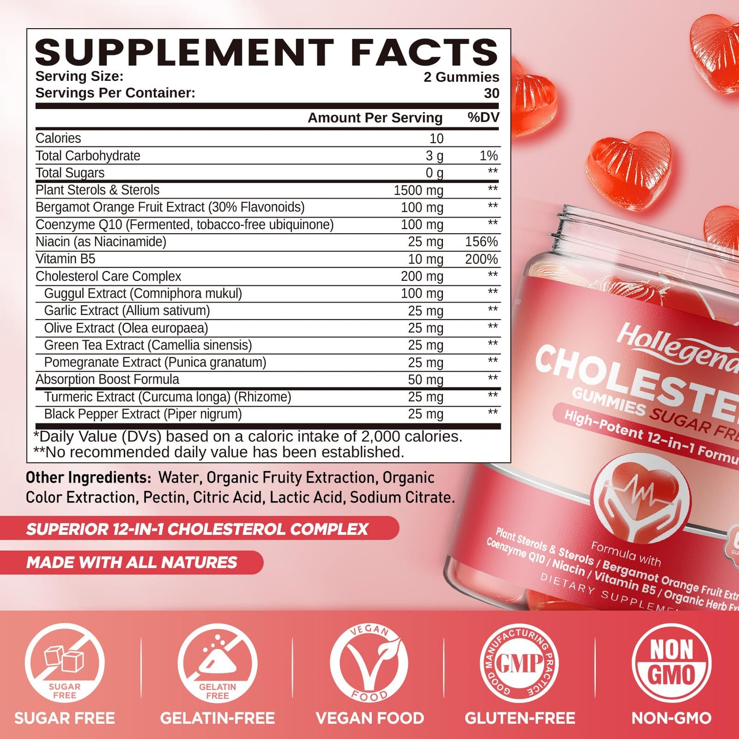 HOLLEGEND Cholesterol Supplements Gummies Sugar Free, 1500mg Plant Sterols for Cholesterol Health, Plus Citrus Bergamot, CoQ10 & Vitamins for Heart Health, Vegan, Mixed Berry Flavor, 60 Chewables HOLLEGEND