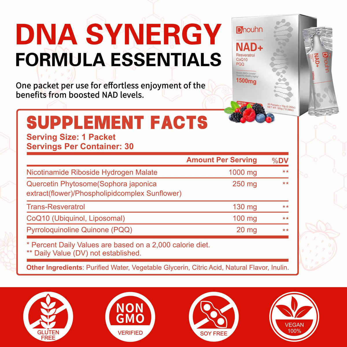 DNOUHN NAD Liquid Supplement 1500mg, Nicotinamide Riboside & Resveratrol with PQQ, NAD Supplement for Women & Men, Boosts Cellular Energy, Anti-Aging, Immune, Focus, 30 Packets DNOUHN
