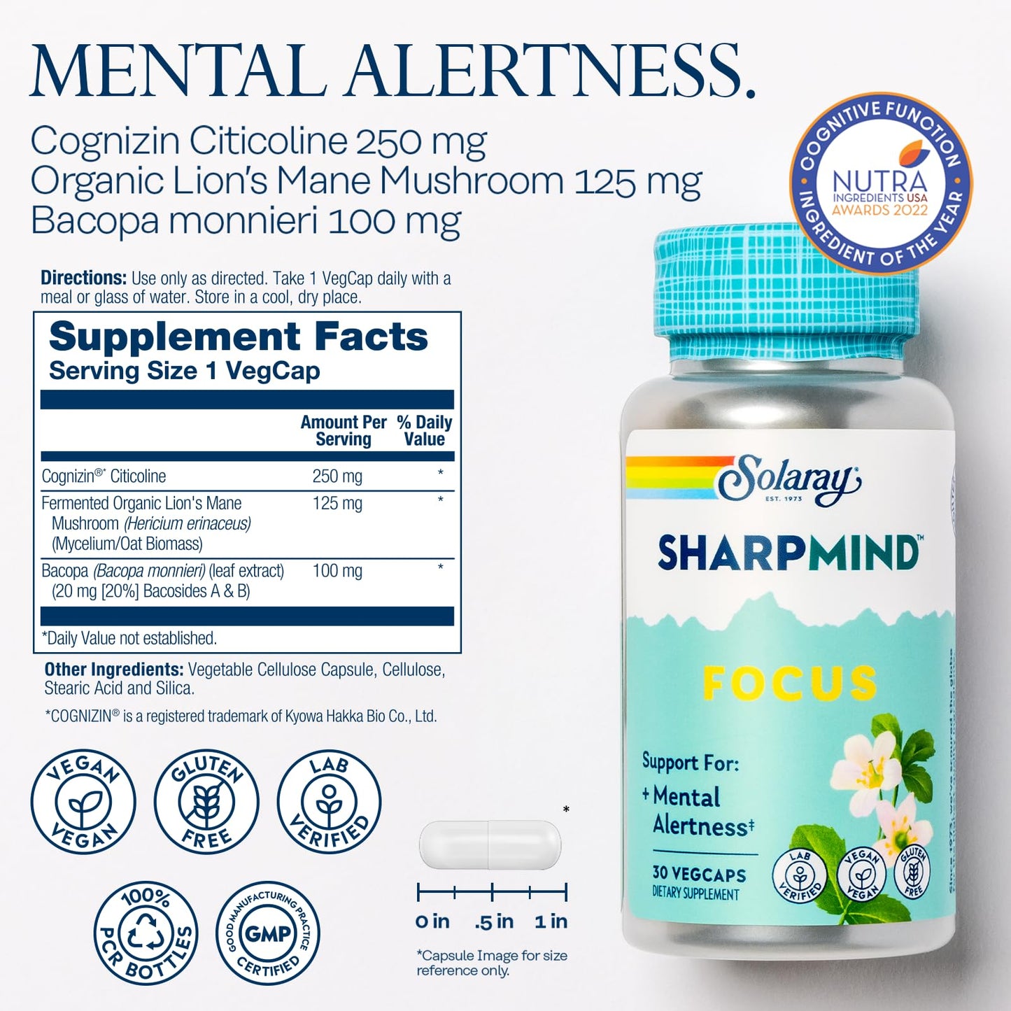 SOLARAY SharpMind Focus, Mental Alertness Nootropic Supplement, Memory Support, Each Capsule with Cognizin Citicoline, Vegan, 60 Day Money Guarantee, 30 Serv 30 Vegetarian Capsules Pills SOLARAY