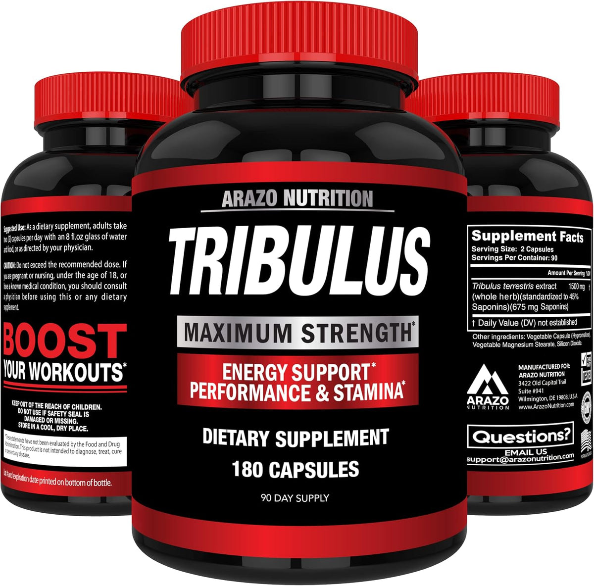 Arazo Nutrition Tribulus Terrestris 1500mg Extract Powder Per Serving – 180 Capsules - Energy Booster with Estrogen Blocker Gsupps Australia