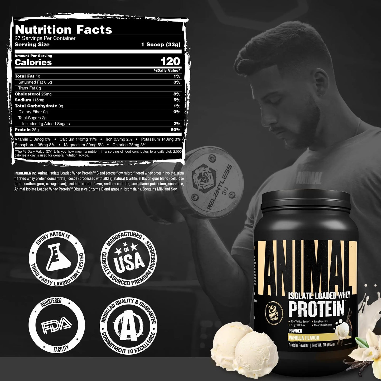 Animal Whey Isolate Protein Powder - Loaded for Pre & Post Workout Muscle Builder and Recovery with Digestive Enzymes for Men & Women - 25g Protein, Great Taste, Low Sugar - Vanilla 2 lbs Animal